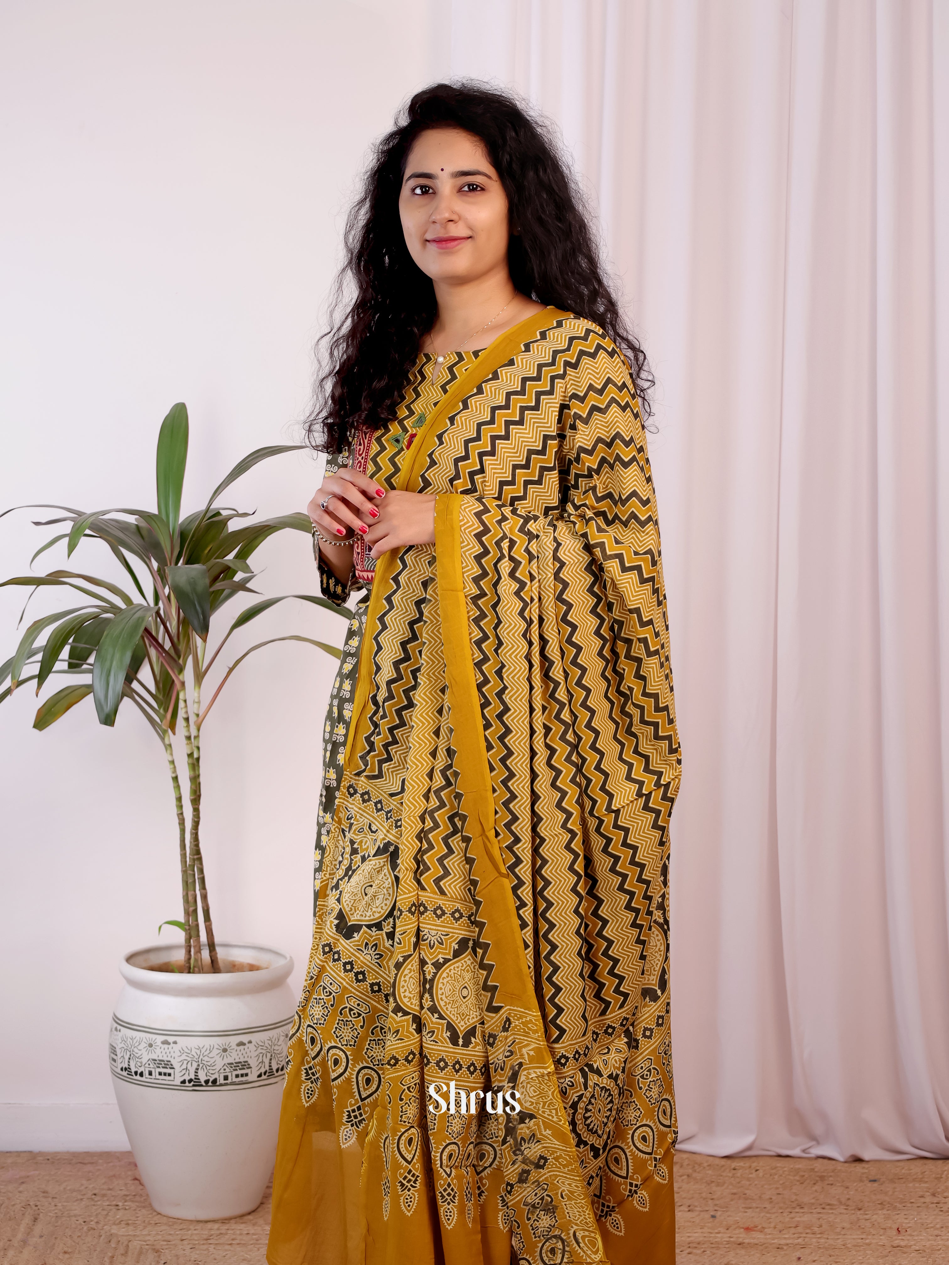 Army Green & Mustard- Ajrakh 3pc Readymade Suits - Shop on Shrus.com