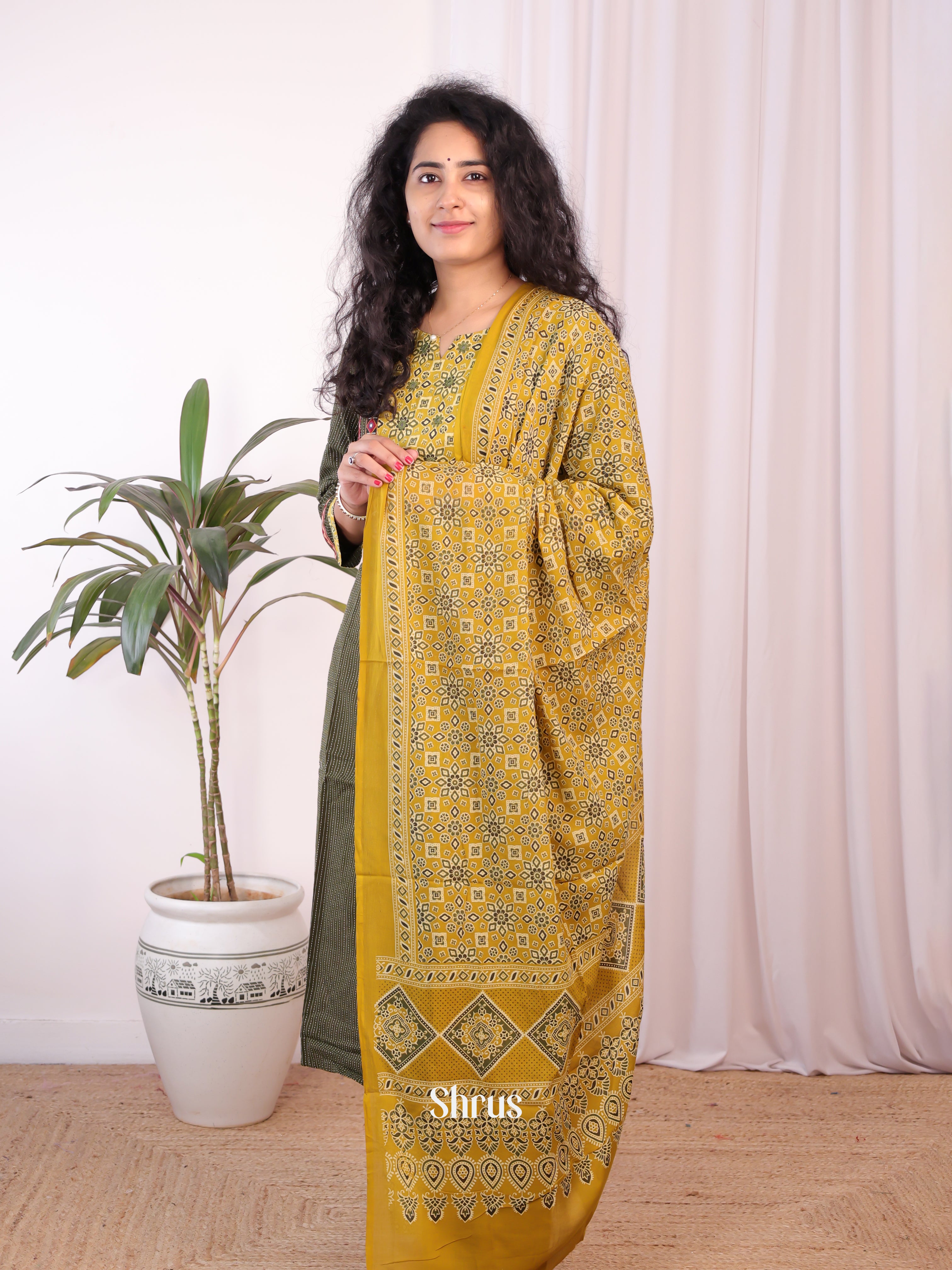 Green & Mustard - Ajrakh 3pc Readymade Suits - Shop on Shrus.com