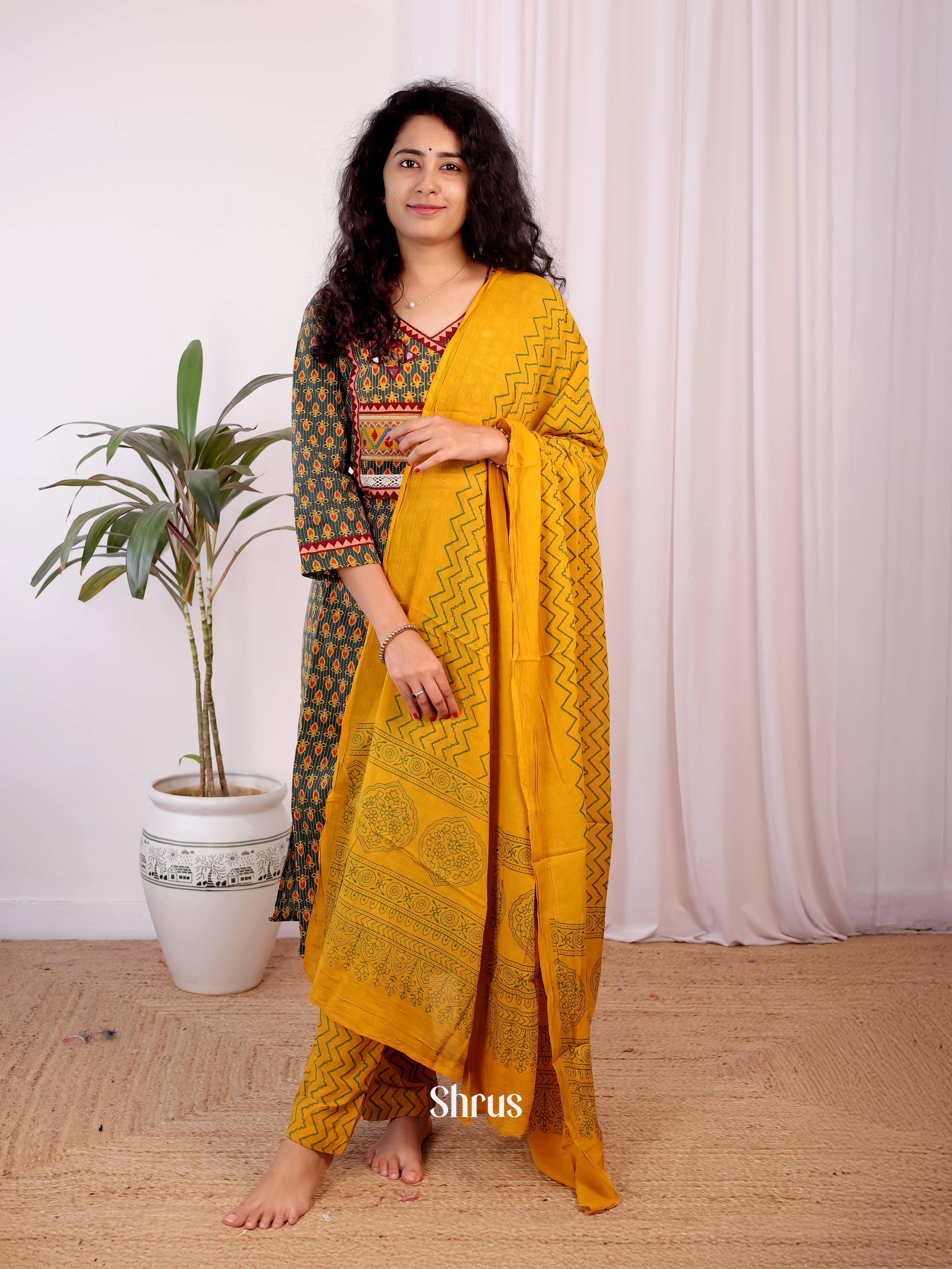 Green & Mustard-Ajrakh 3pc Readymade Suits - Shop on Shrus.com