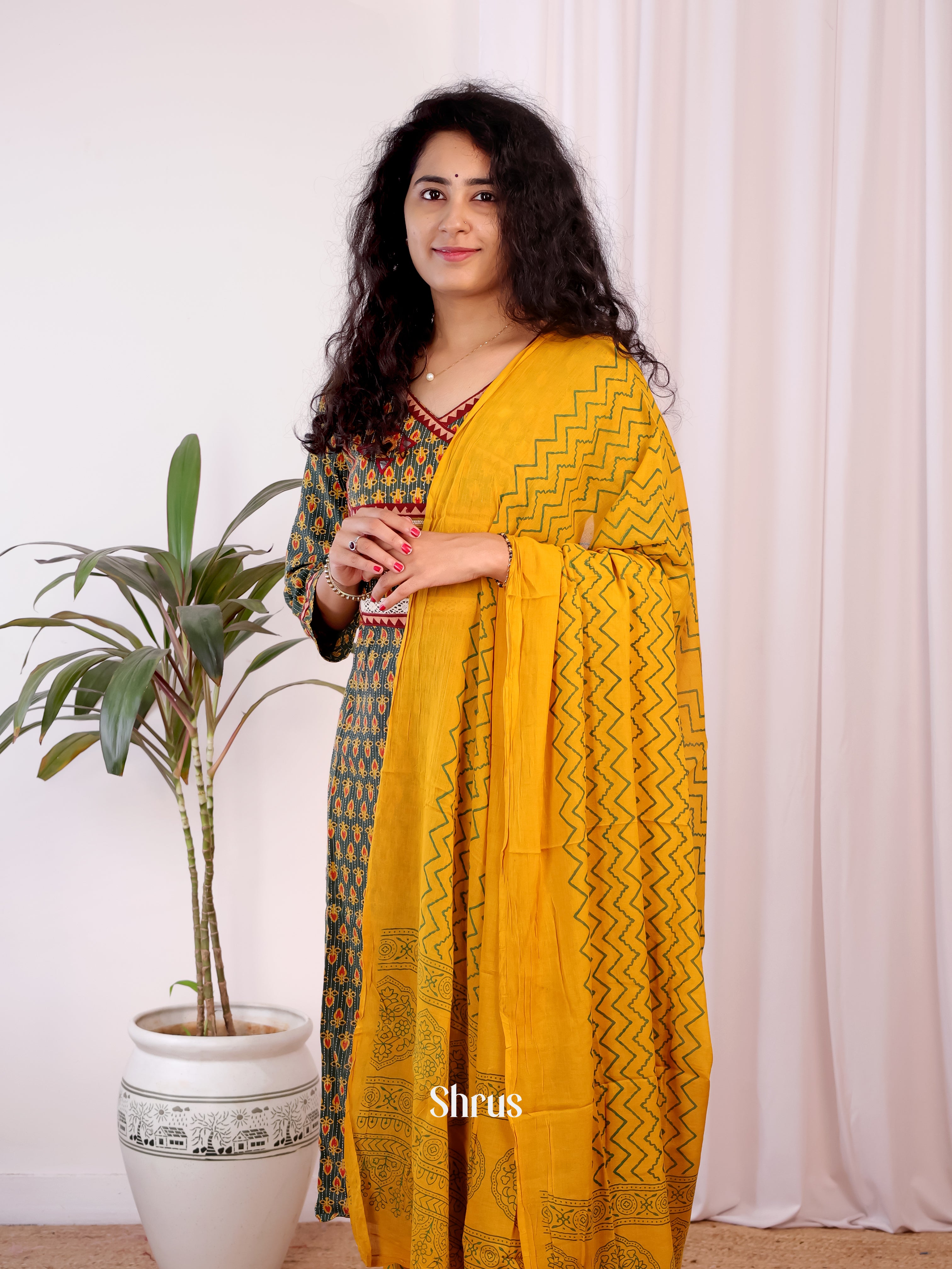 Green & Mustard-Ajrakh 3pc Readymade Suits - Shop on Shrus.com
