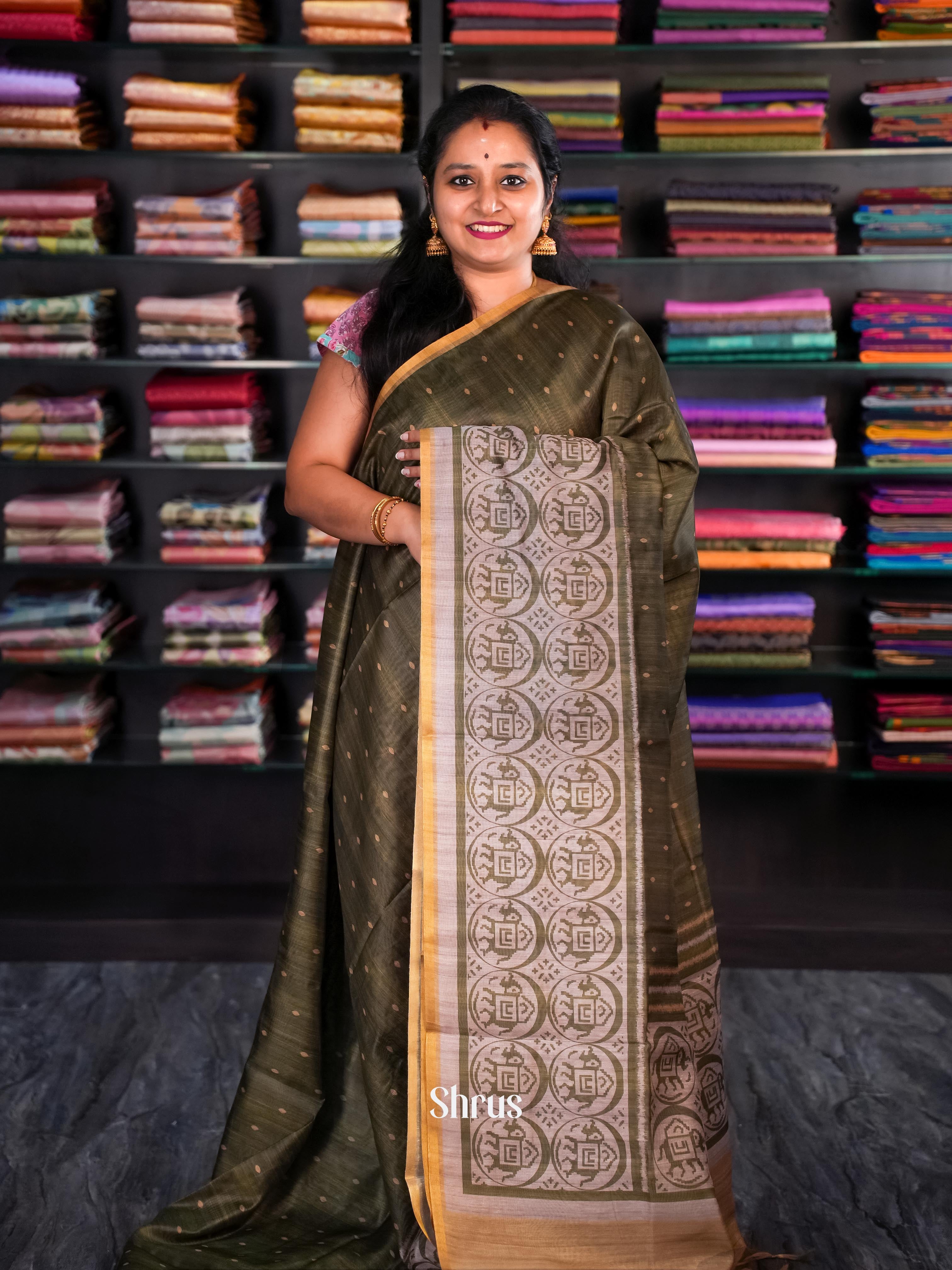 Army Green & Grey - Champa semi tussar - Shop on Shrus.com