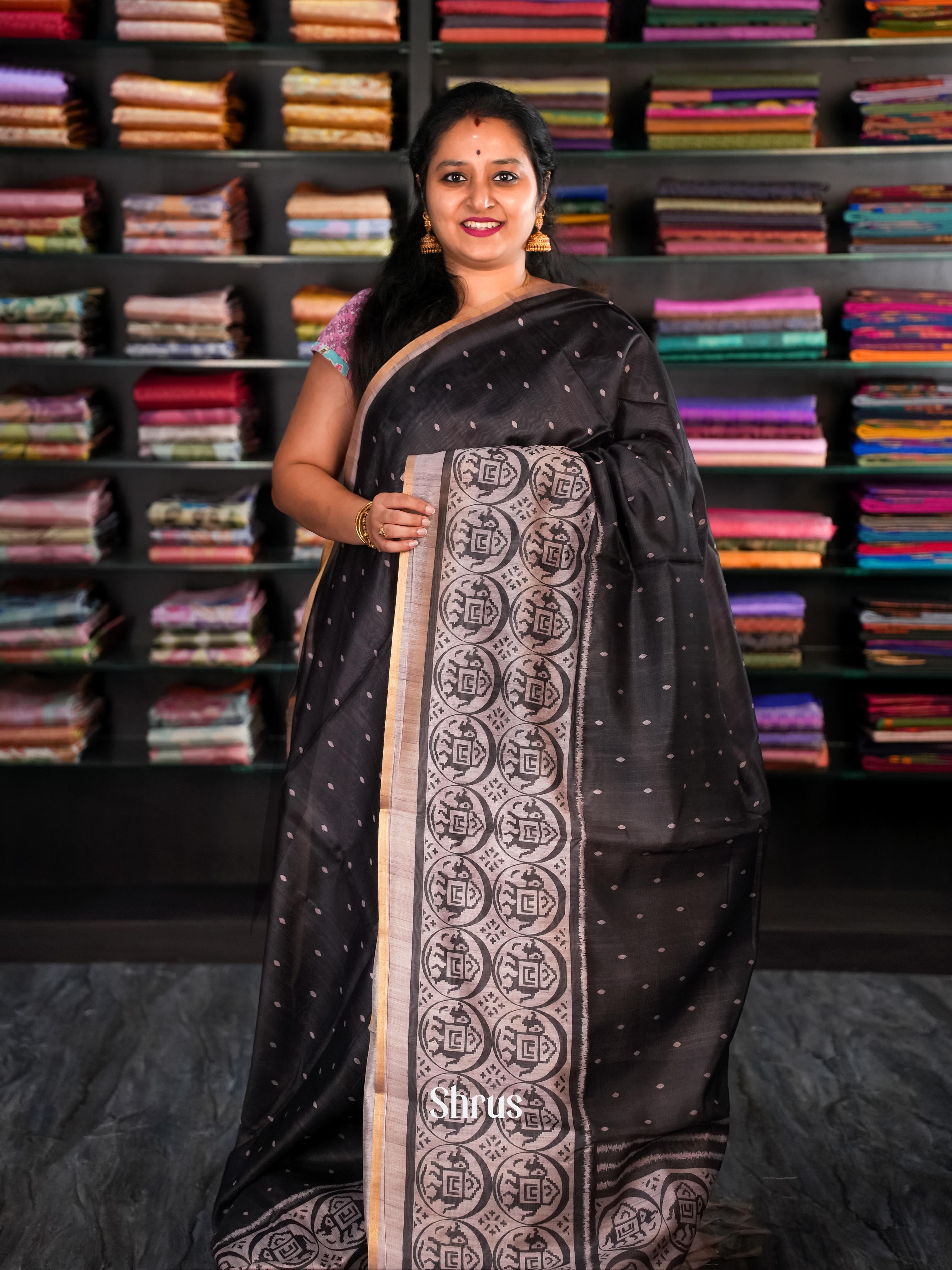 Black & Grey - Champa Semi Tussar Saree - Shop on Shrus.com