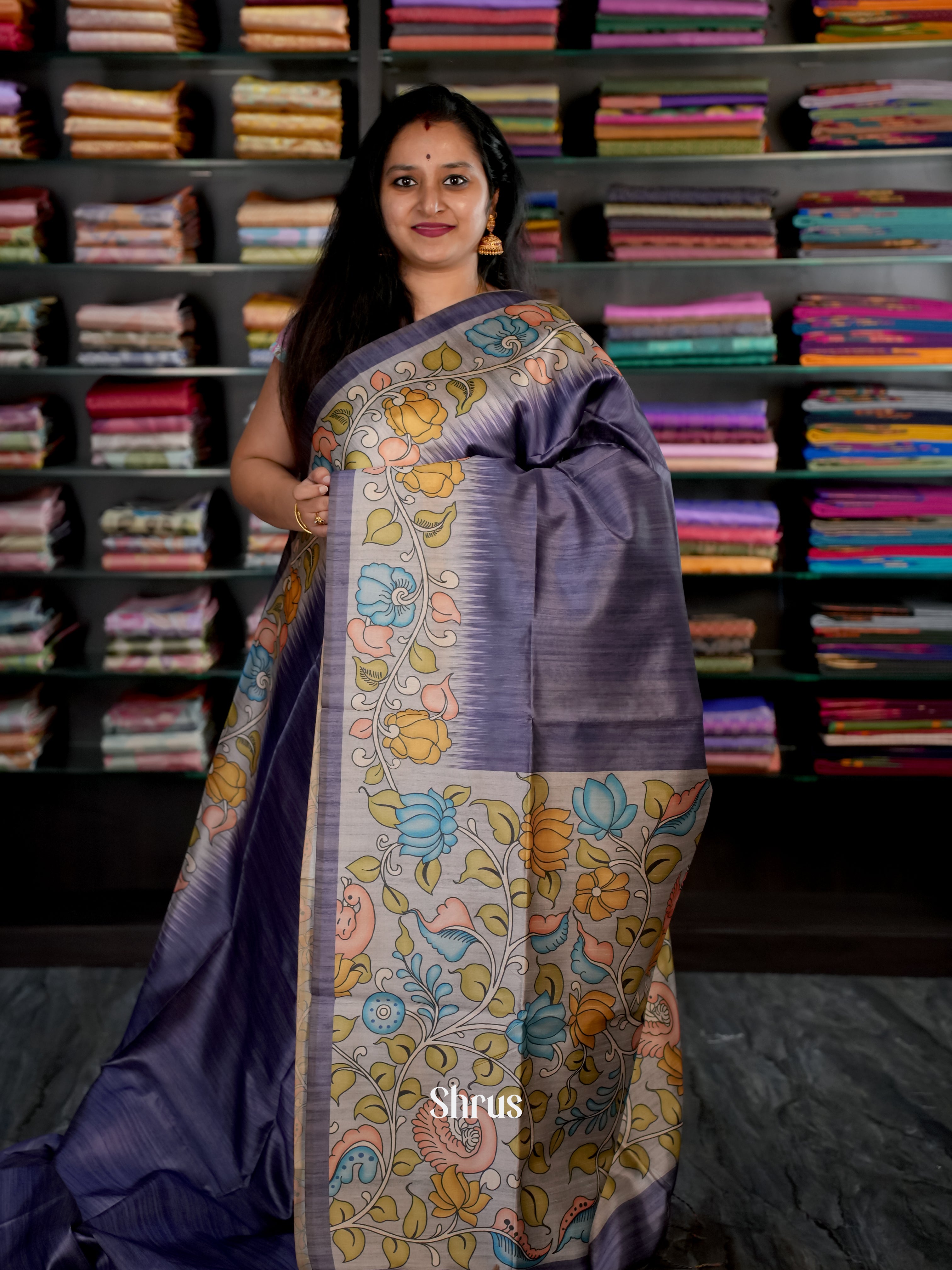 Blue & Grey- Champa semi tussar Saree - Shop on Shrus.com