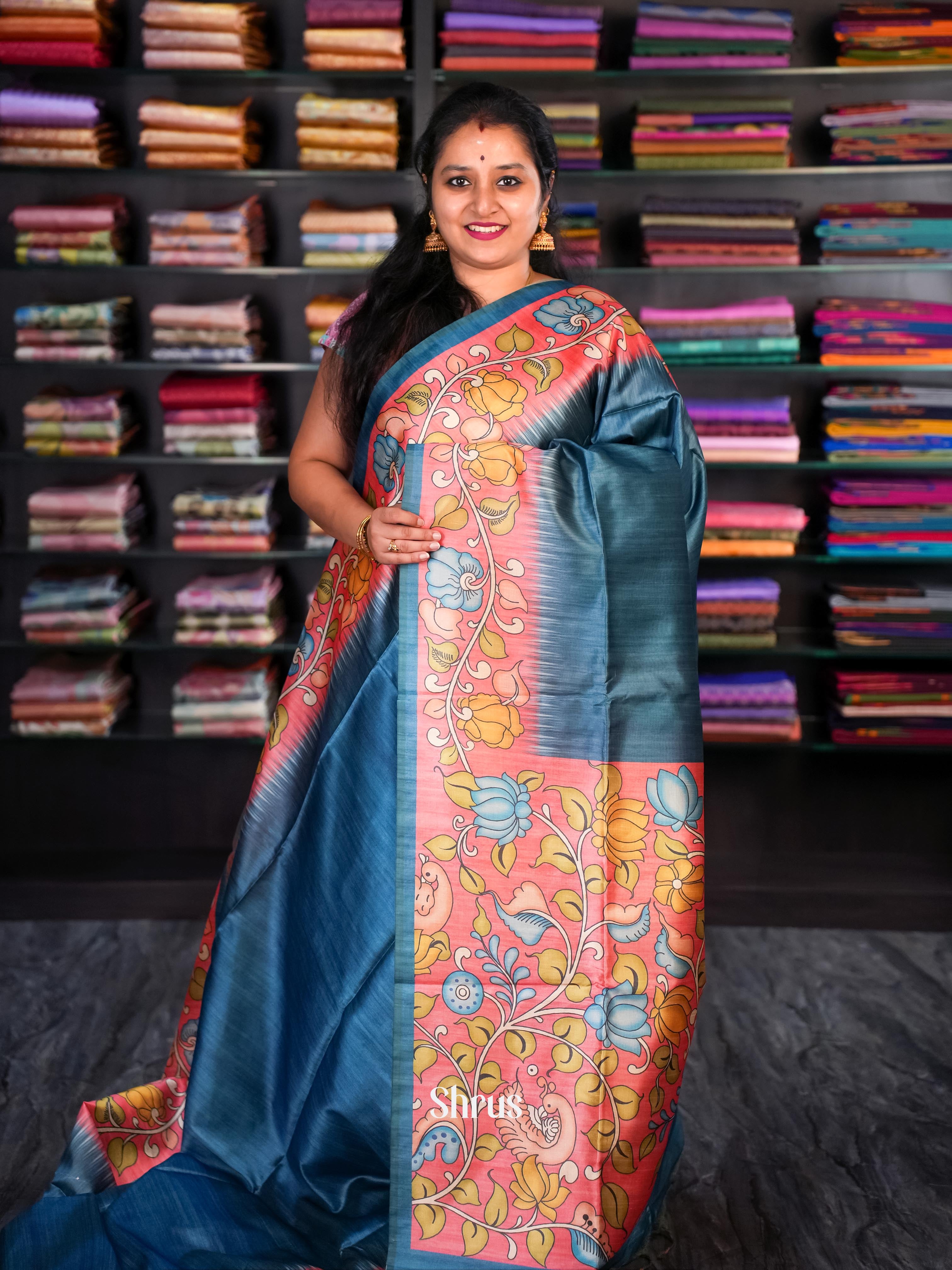 Blue & Red- Champa semi tussar - Shop on Shrus.com