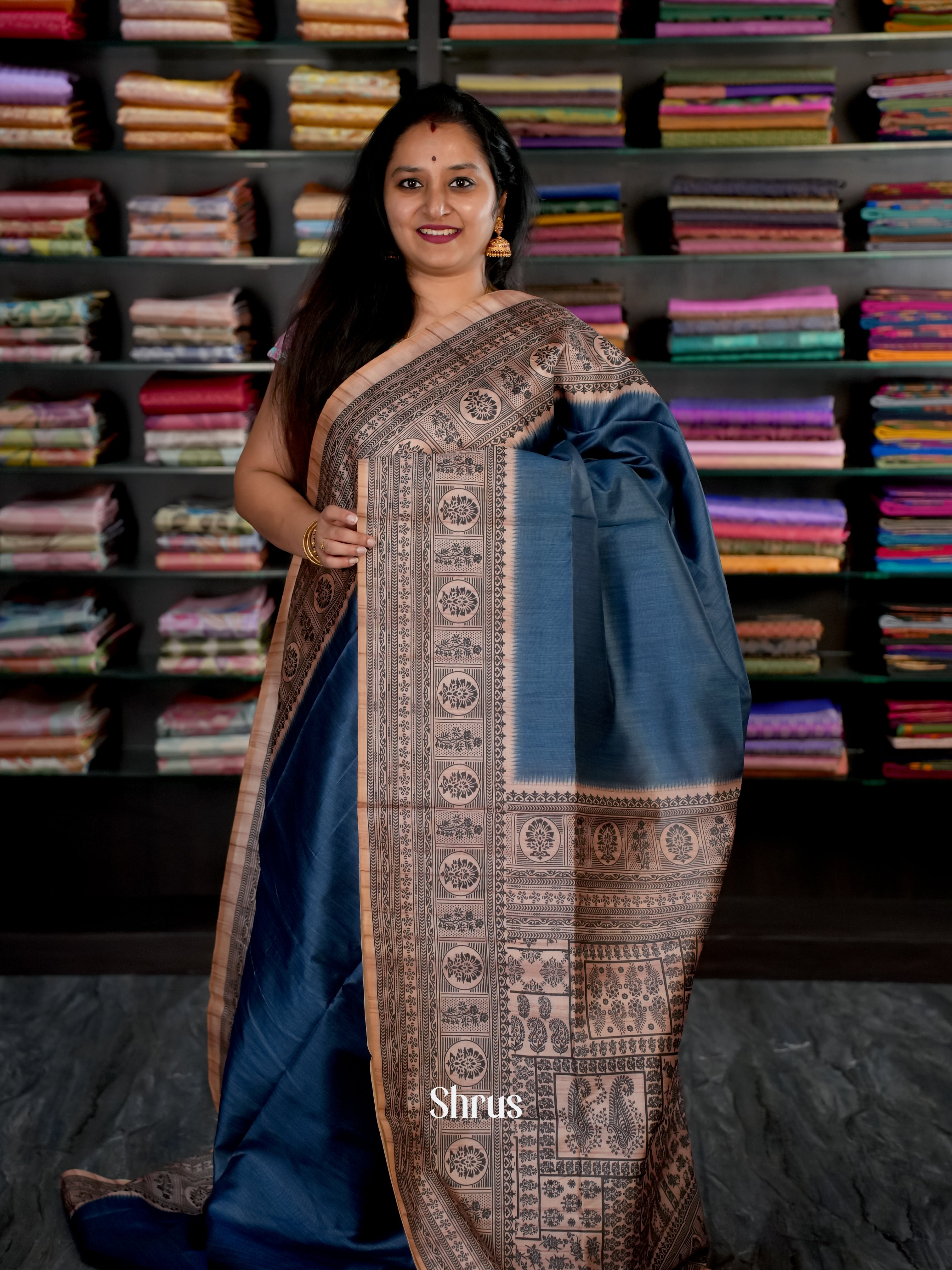 Blue & Brown- Champa semi tussar Saree - Shop on Shrus.com