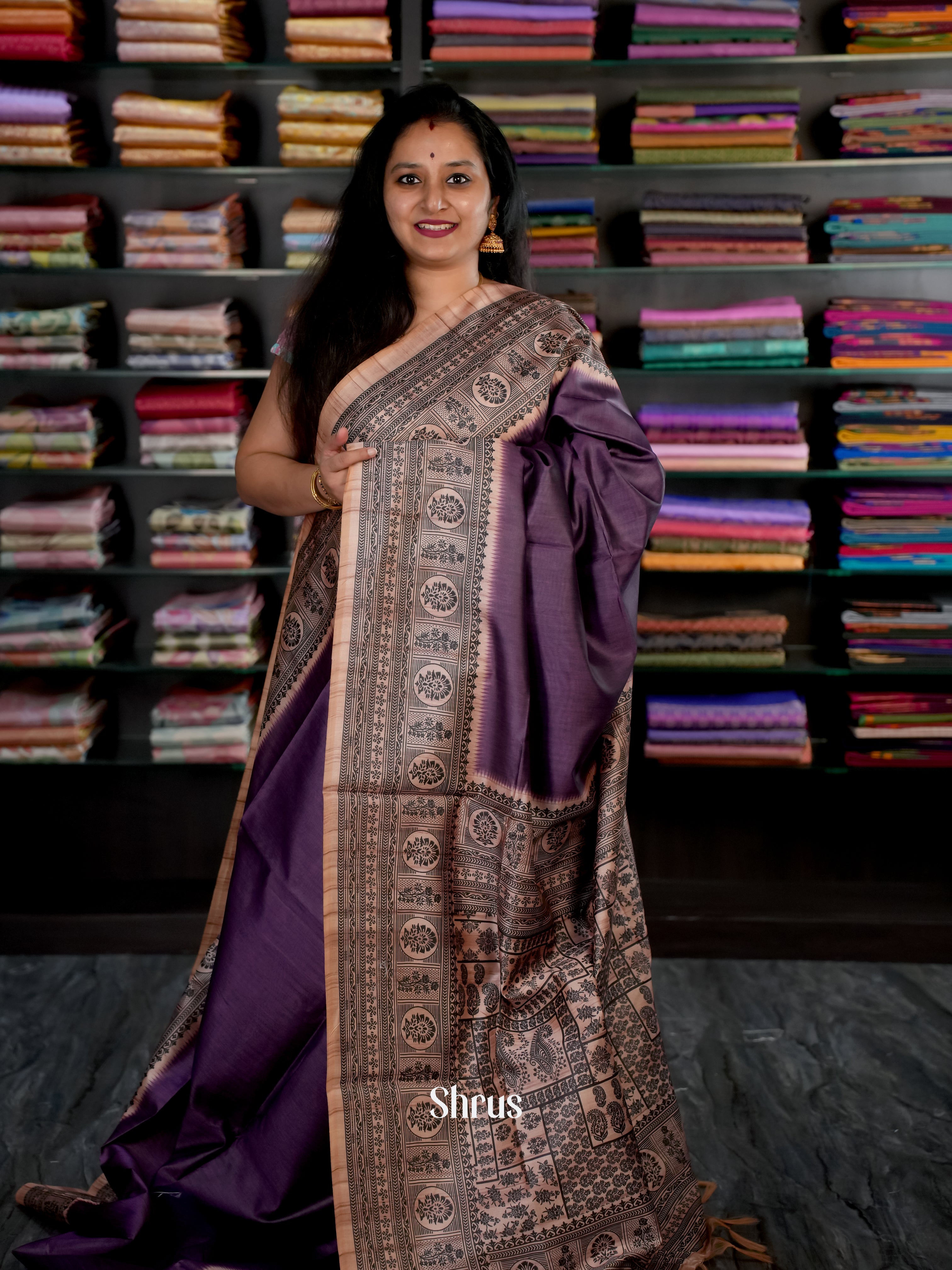 Violet & Brown- Champa semi tussar Saree - Shop on Shrus.com