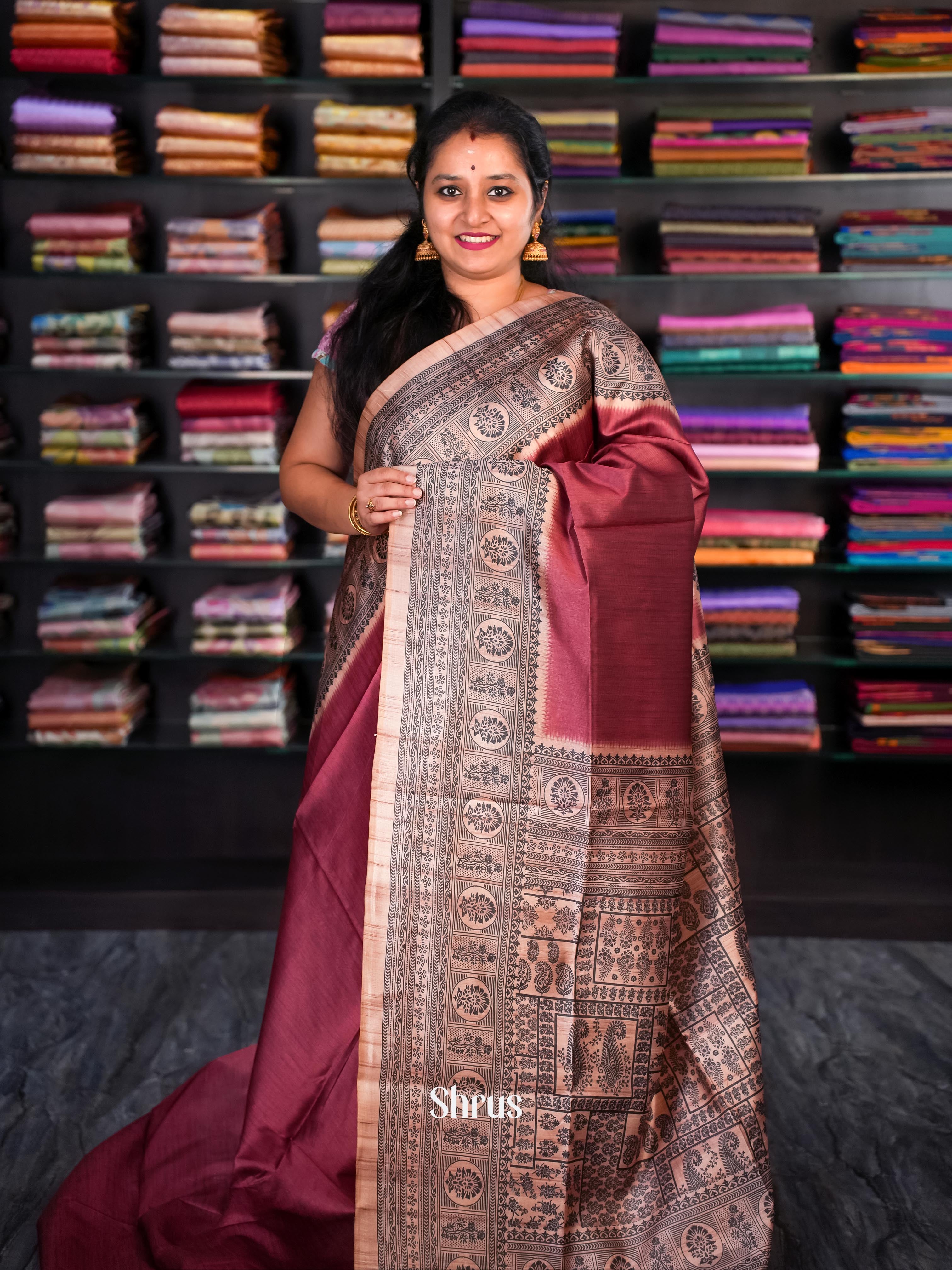 Maroon & Light Brown - Champa semi tussar - Shop on Shrus.com