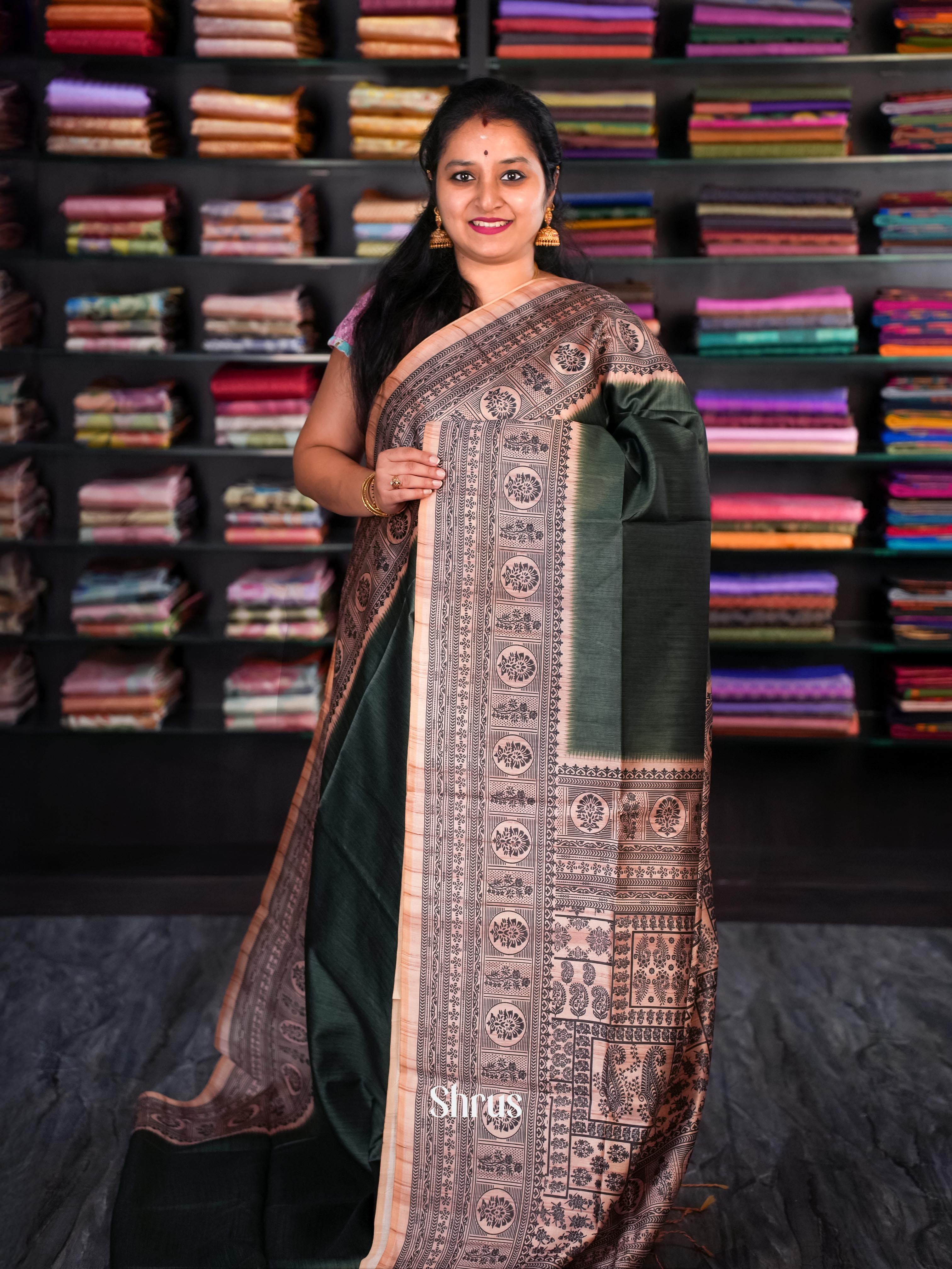 Green & Lite Brown- Champa semi tussar - Shop on Shrus.com