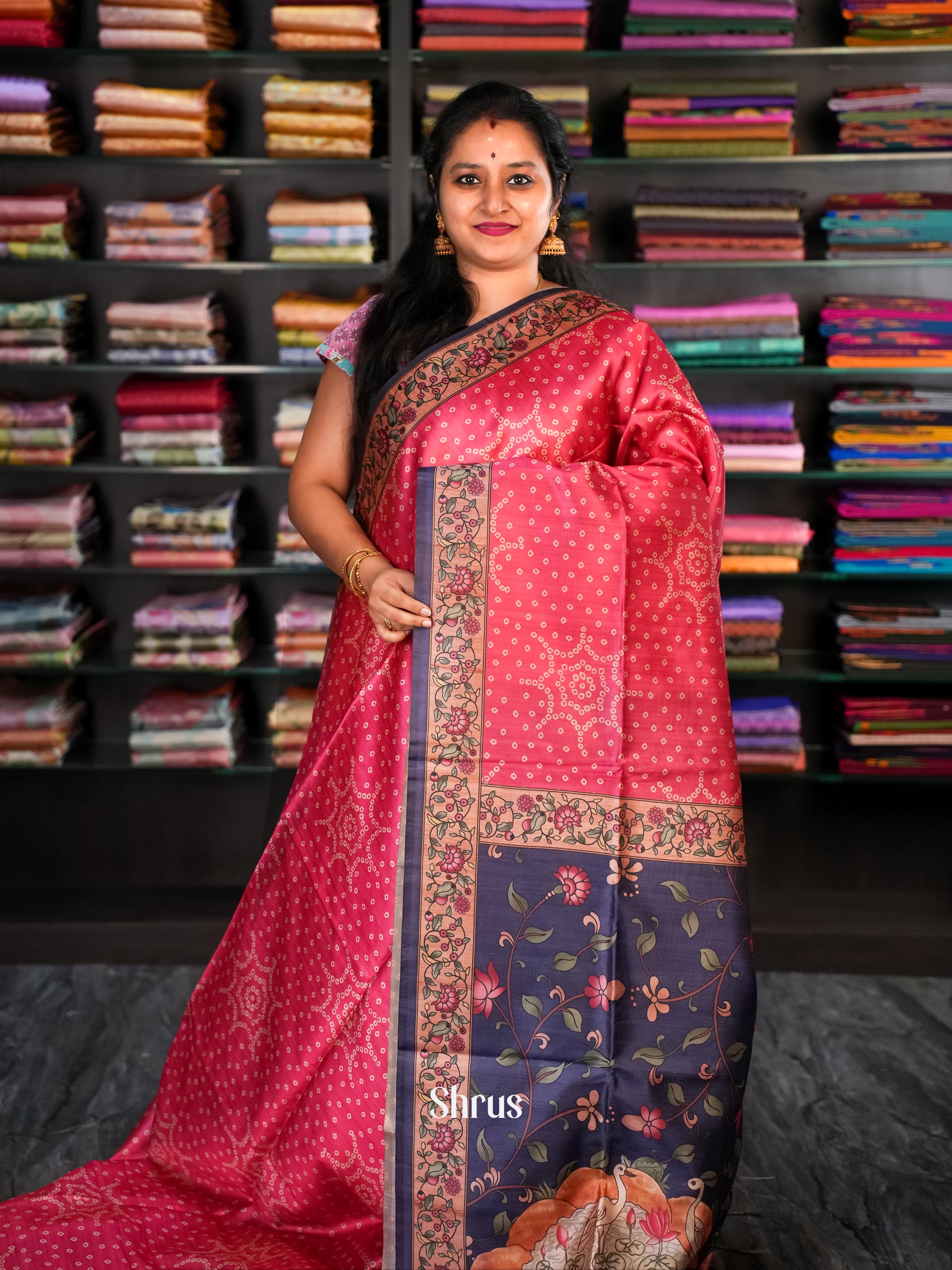 Red & Blue - Champa Semi Tussar Saree - Shop on Shrus.com