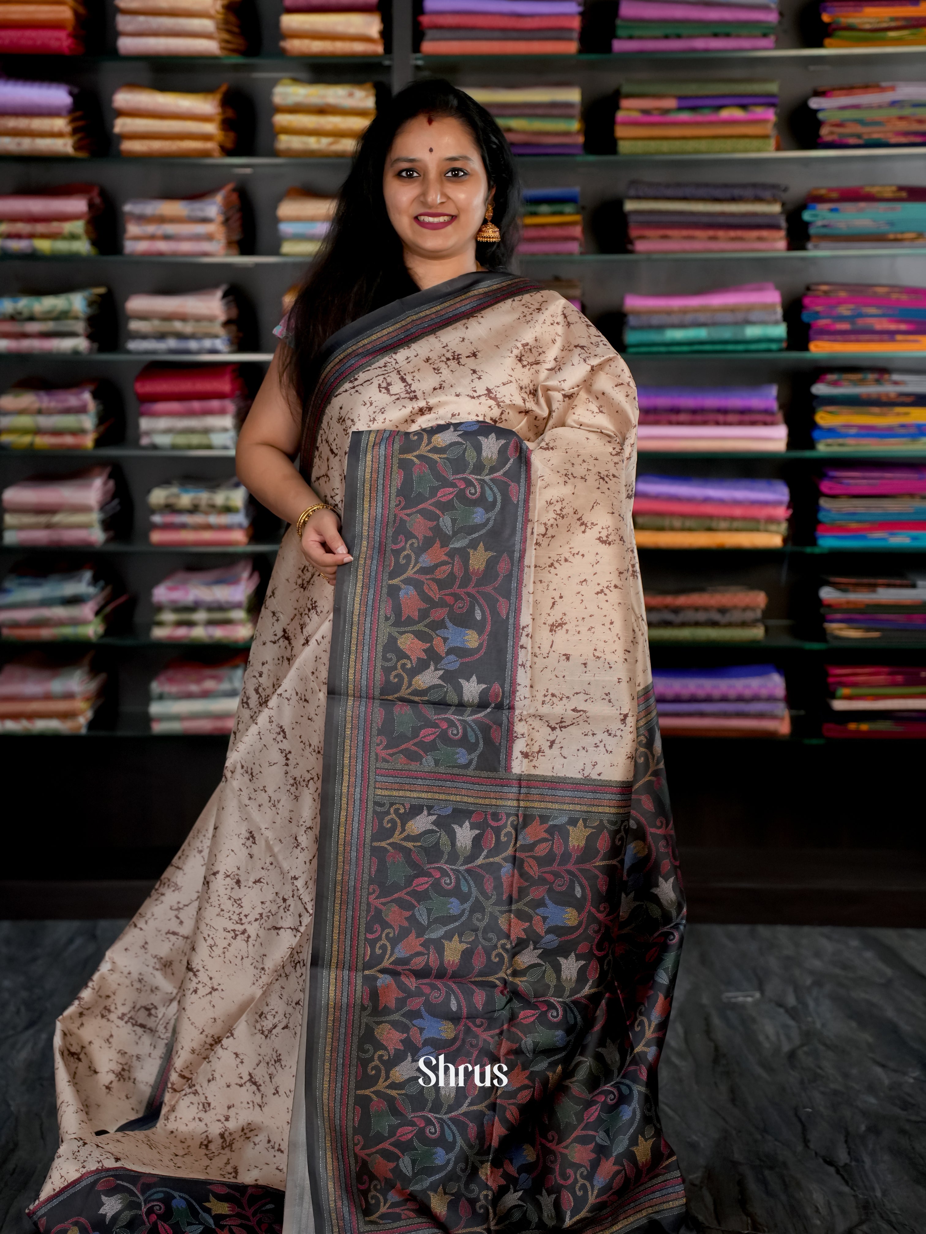 Lite Brown & Black - Champa semi tussar Saree - Shop on Shrus.com