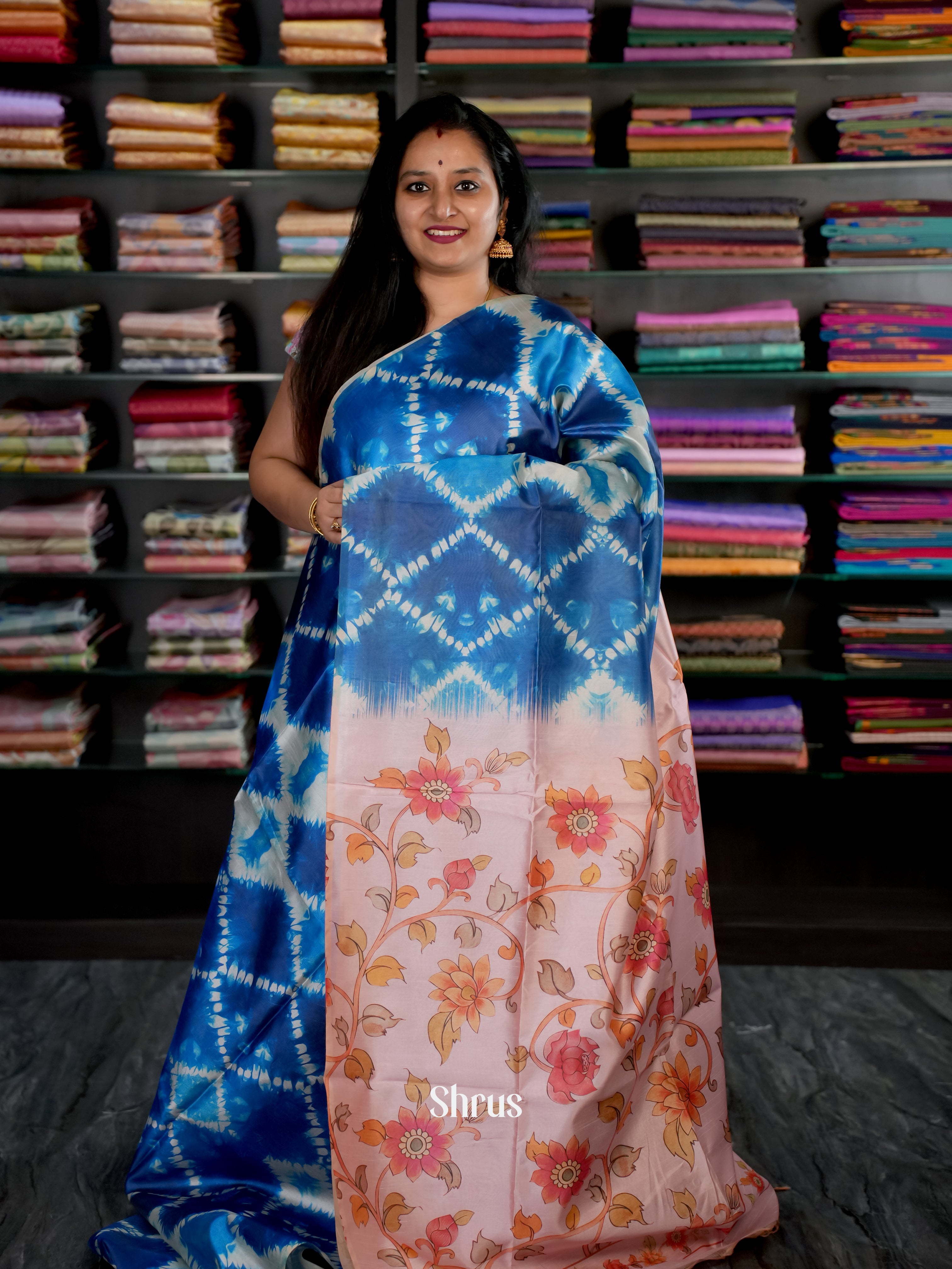 Blue & Pink - Champa semi tussar Saree - Shop on Shrus.com