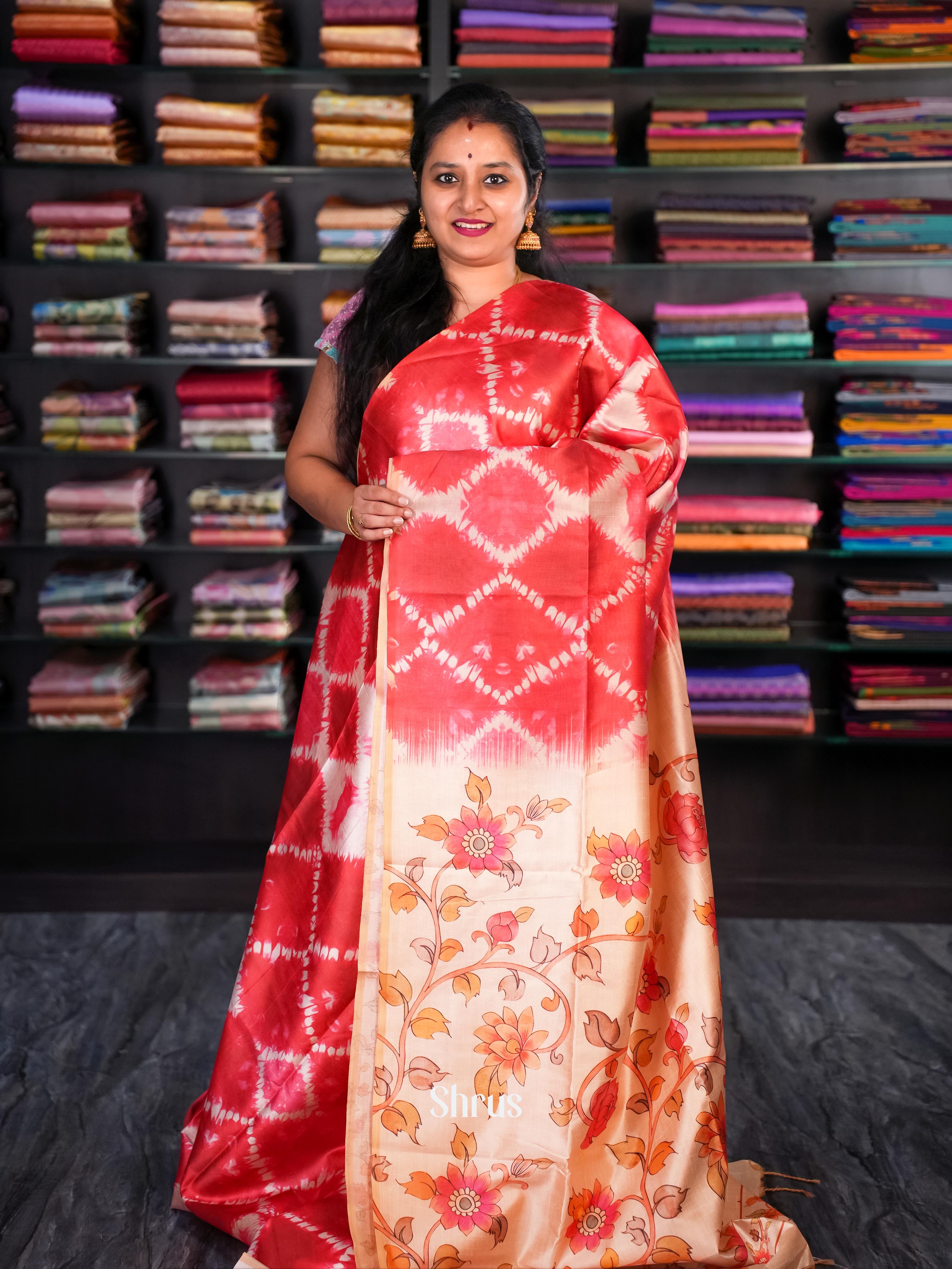 Red & Peach - Champa semi tussar - Shop on Shrus.com