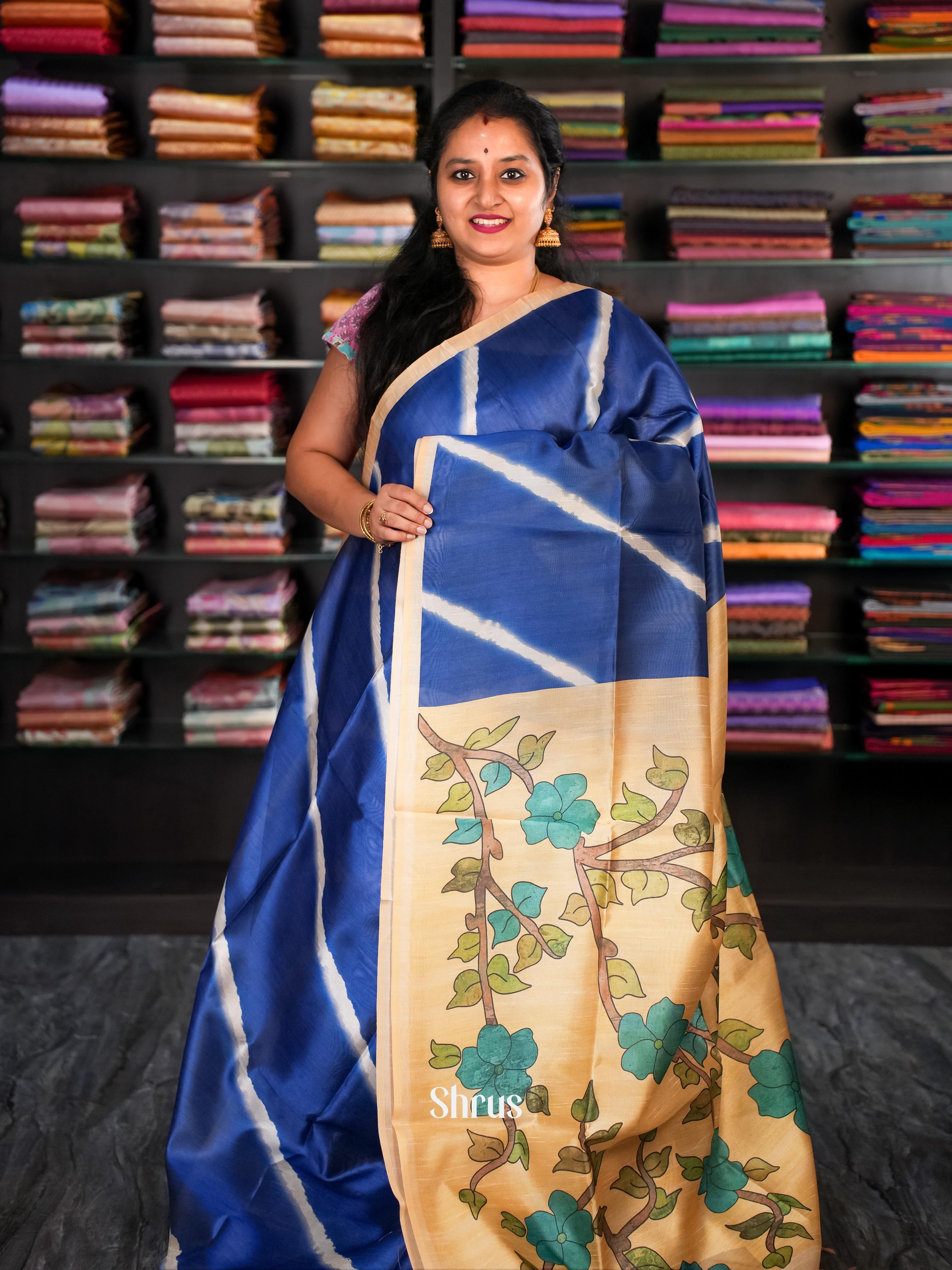 Blue & Gold - Champa Semi Tussar Saree - Shop on Shrus.com