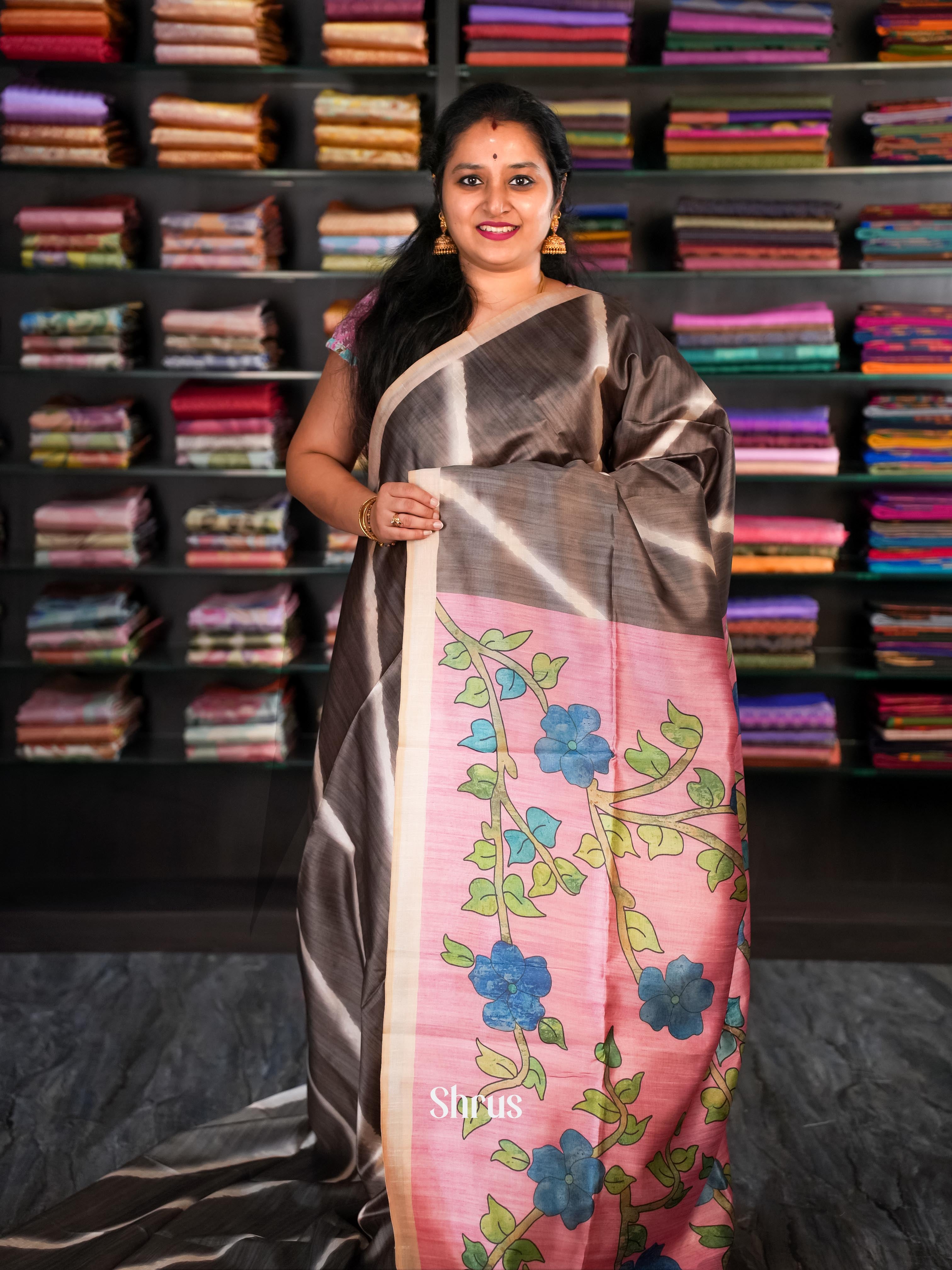 Brown & Pink - Champa Semi Tussar Saree - Shop on Shrus.com