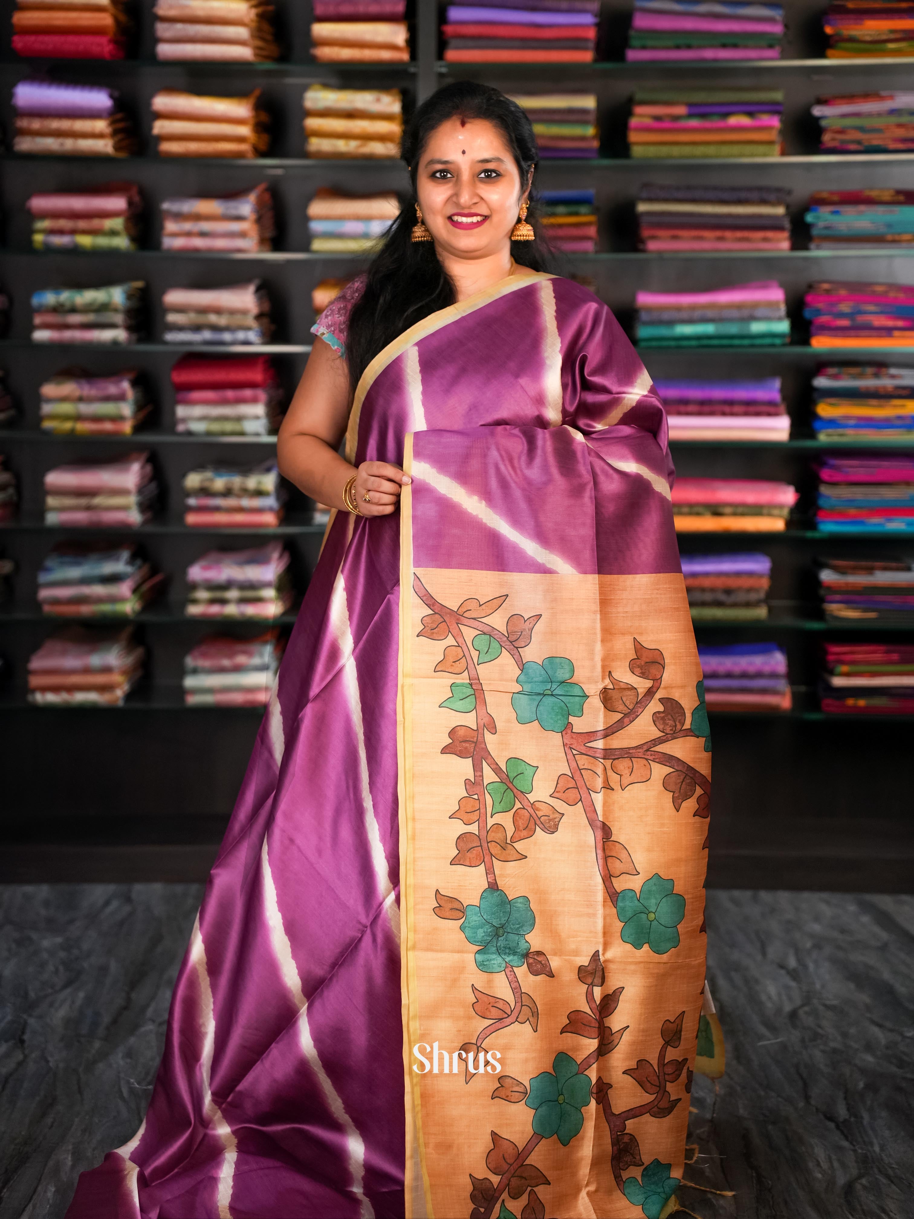 Purple & Orange - Champa Semi Tussar Saree - Shop on Shrus.com