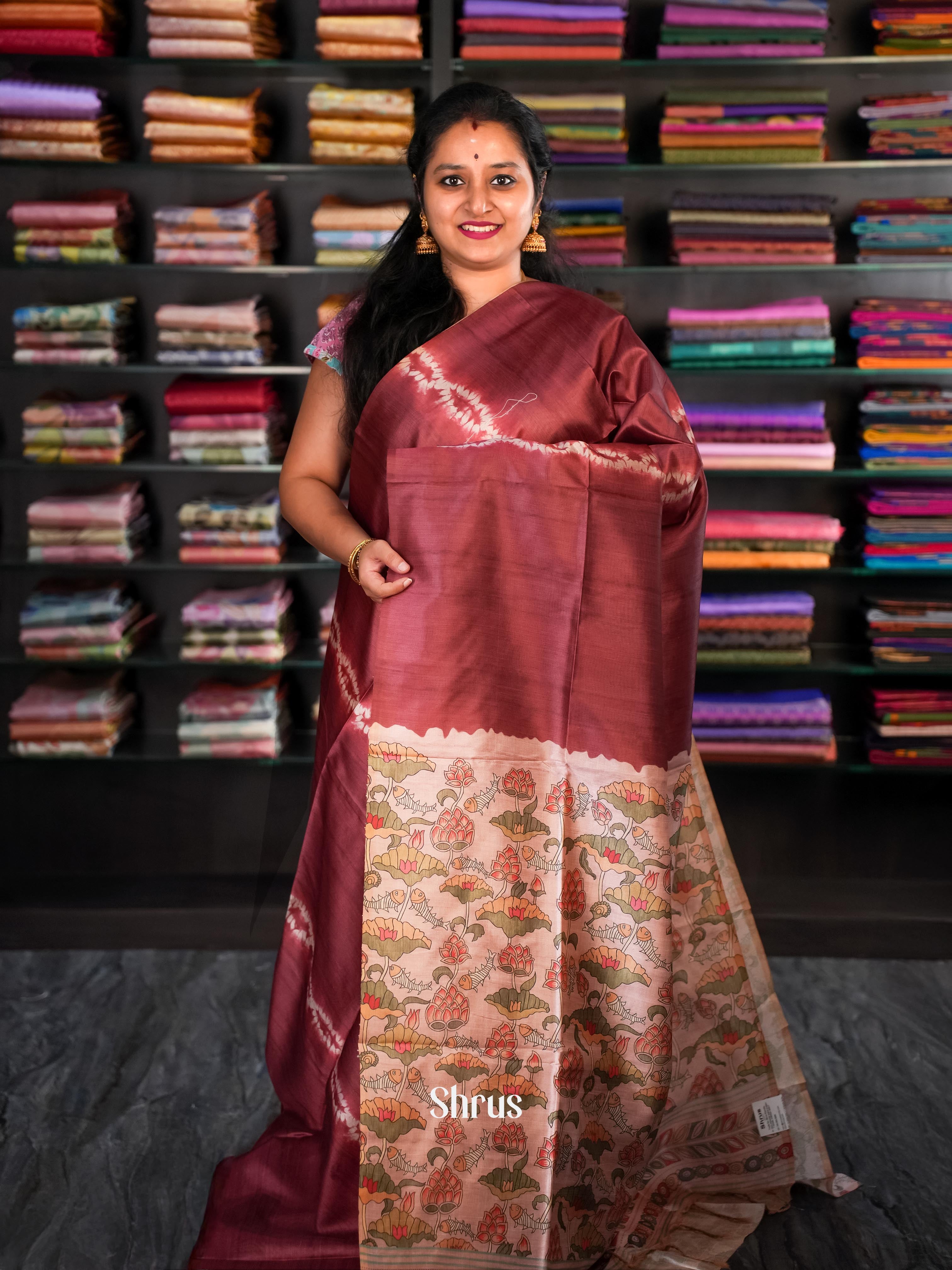 Brown & Peach - Champa Semi Tussar Saree - Shop on Shrus.com