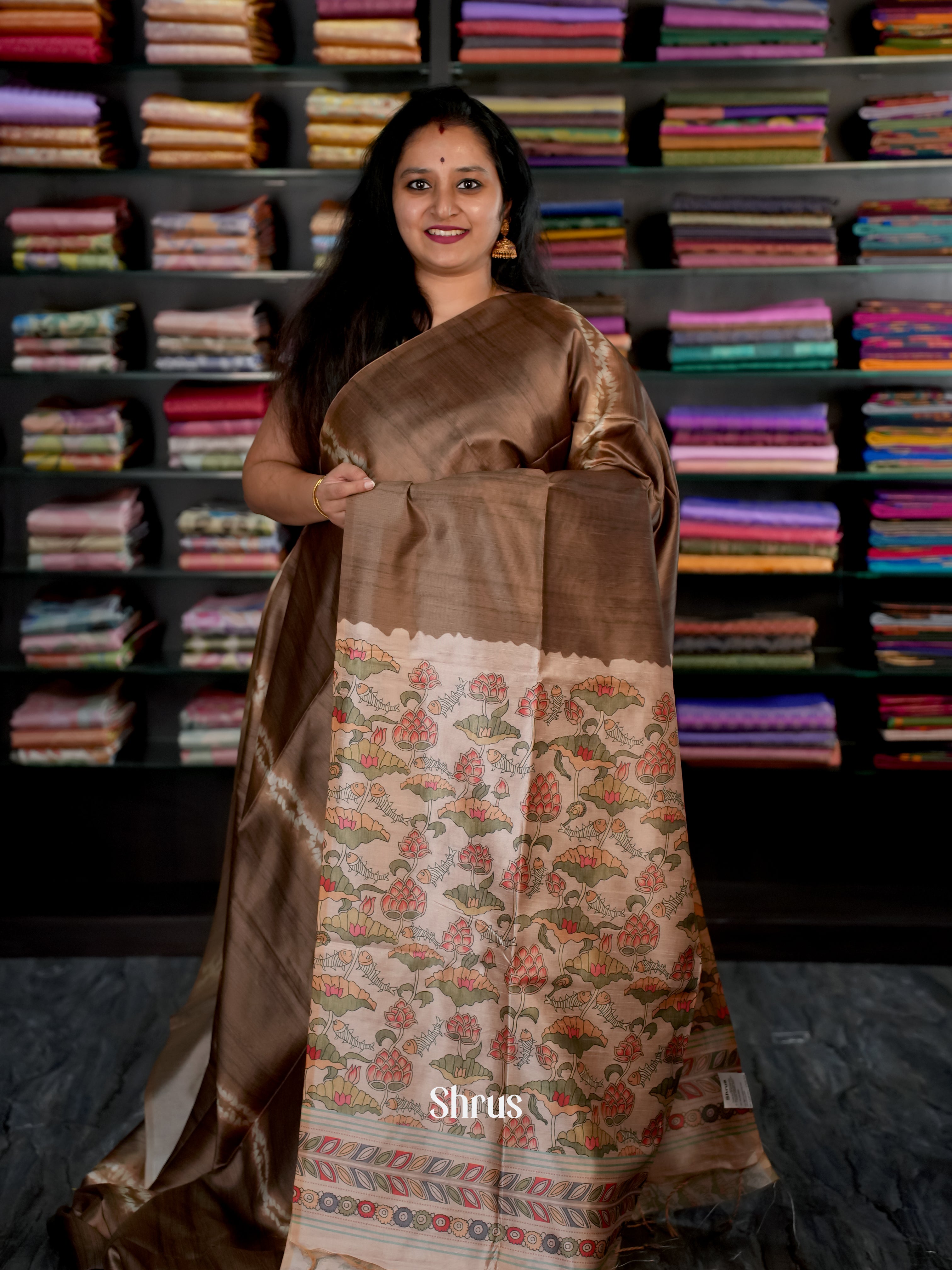 Brown & Cream - Champa semi tussar Saree - Shop on Shrus.com