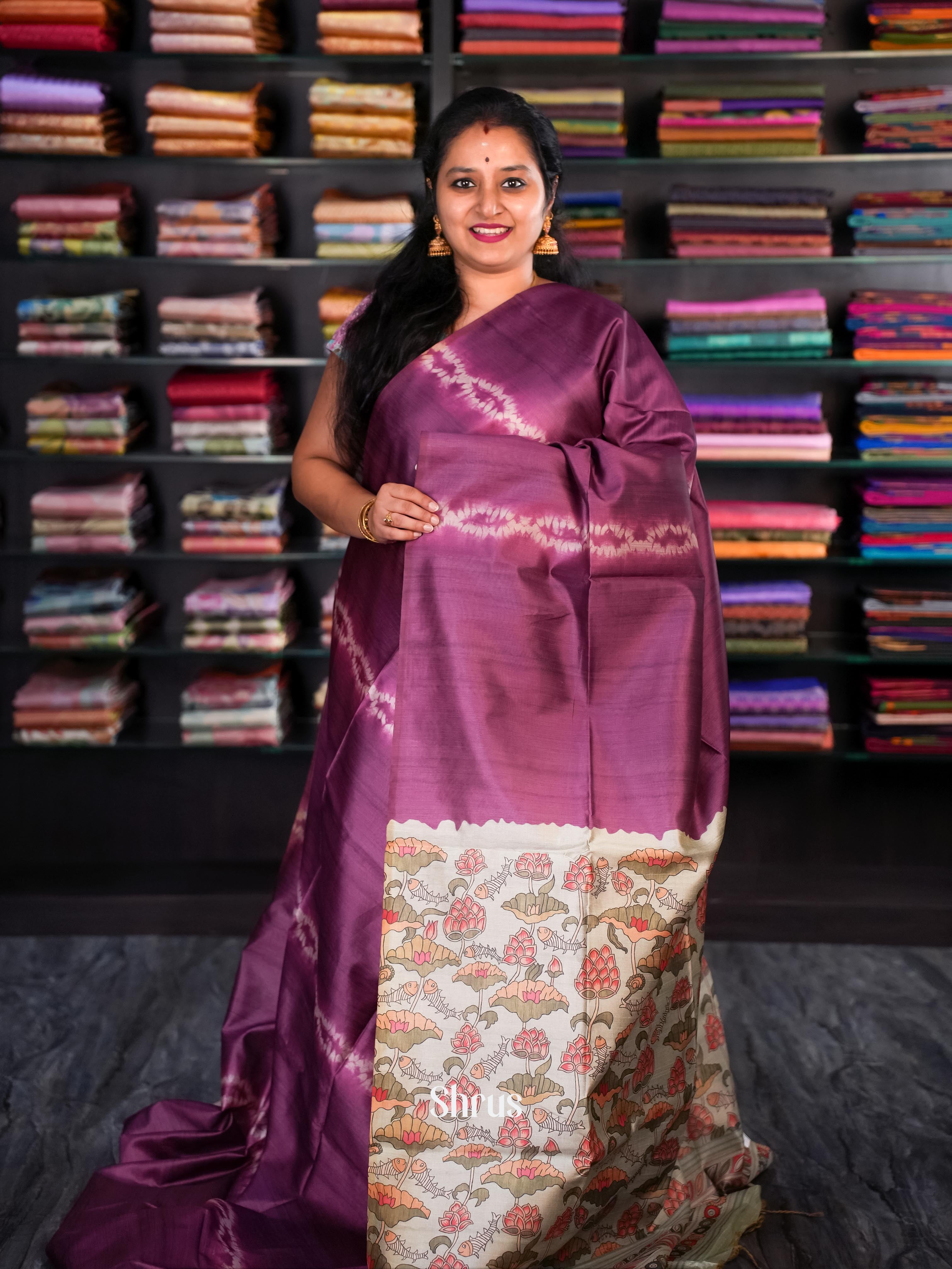 Wine & Grey- Champa semi tussar - Shop on Shrus.com