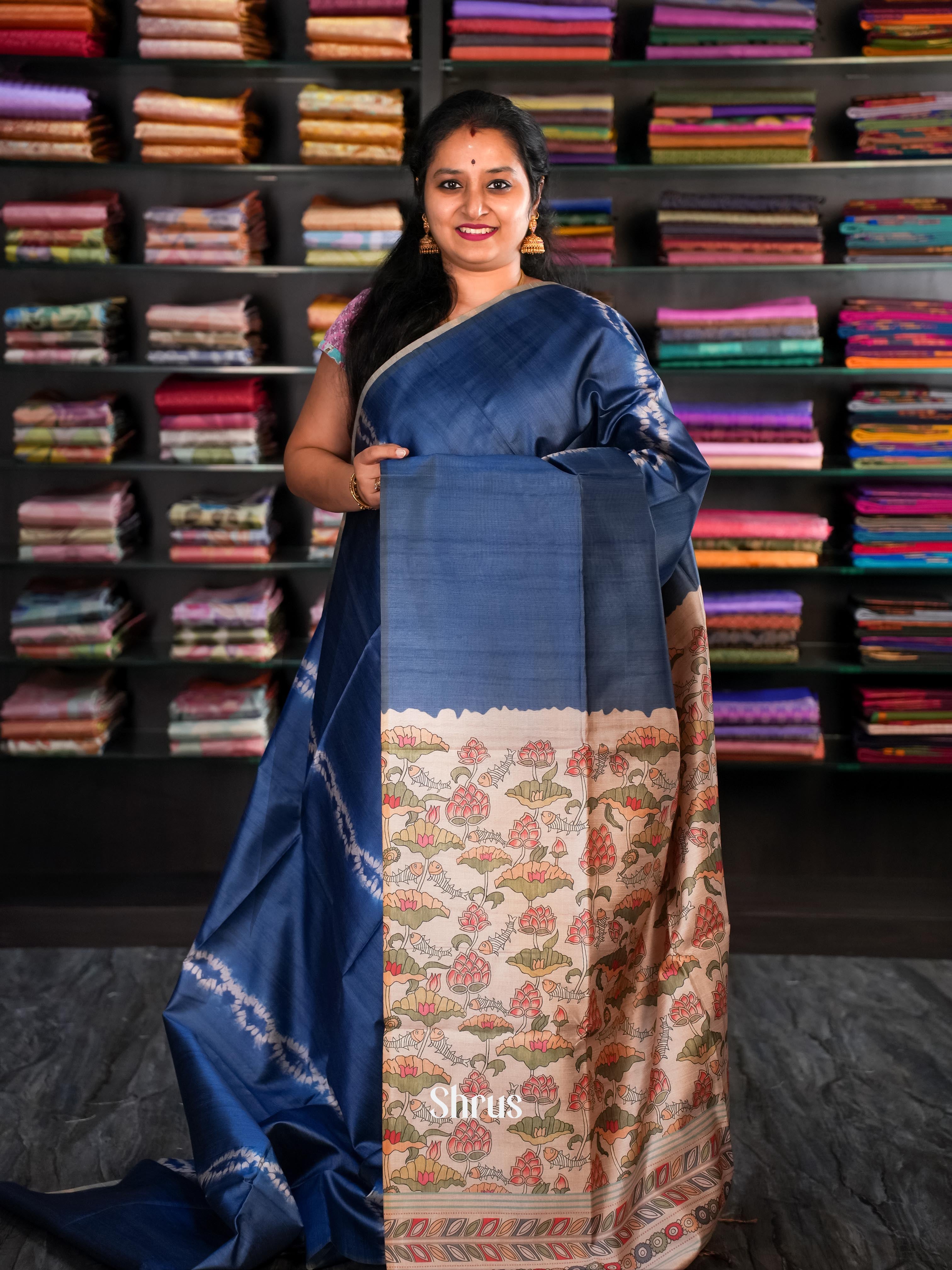 Blue & Dusty Brown - Champa Semi Tussar Saree - Shop on Shrus.com