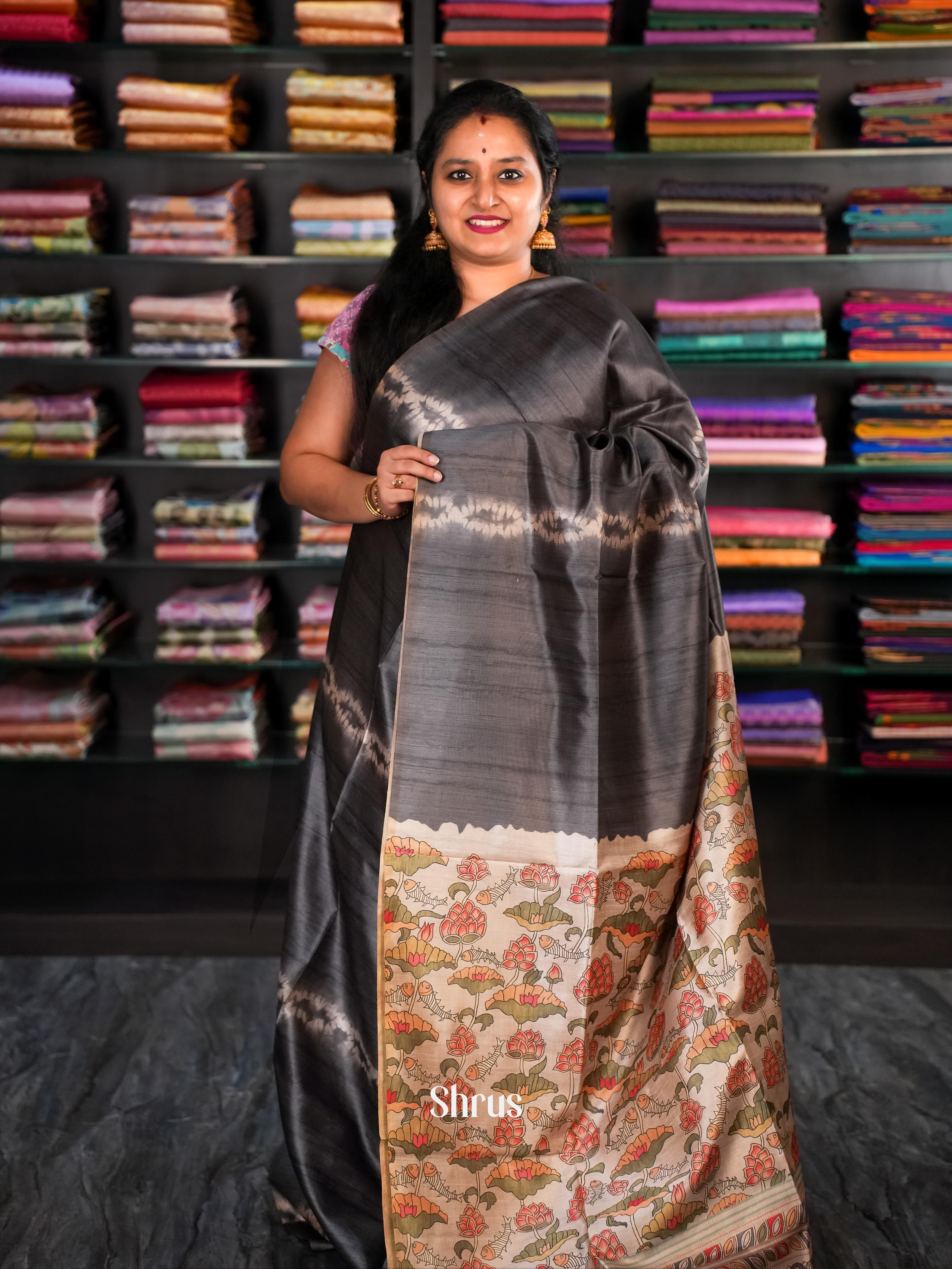 Black & Cream - Champa Semi Tussar Saree - Shop on Shrus.com