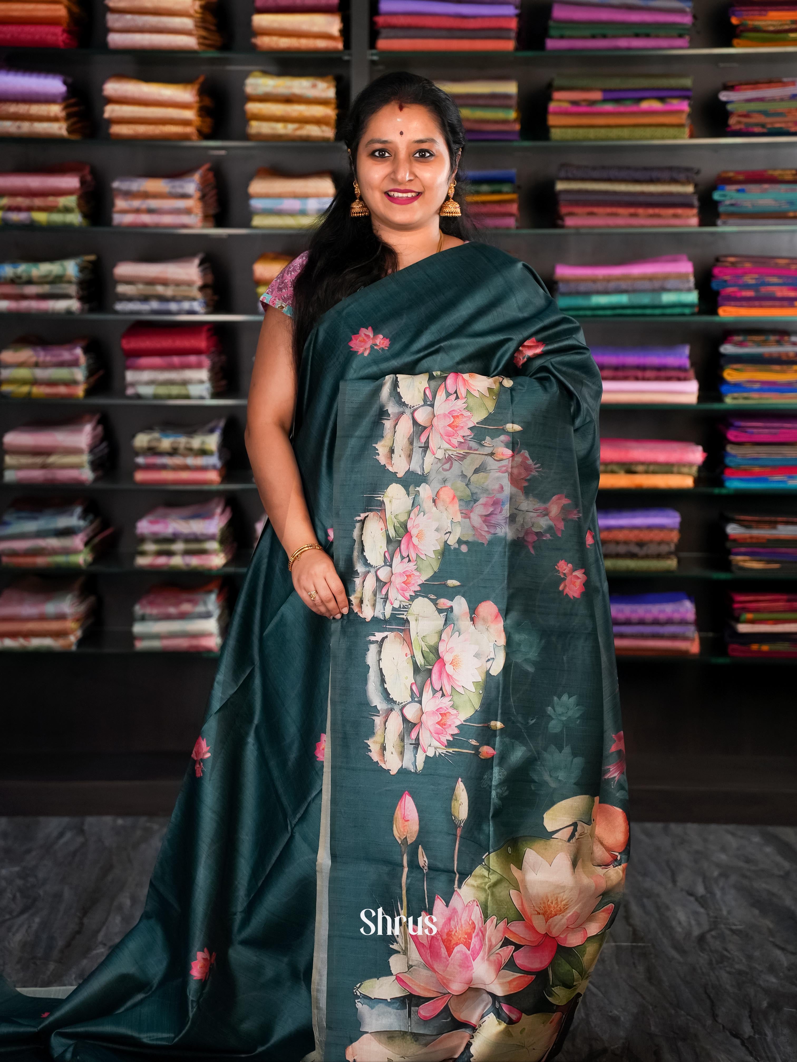 Peacock Green- Champa Semi Tussar Saree - Shop on Shrus.com