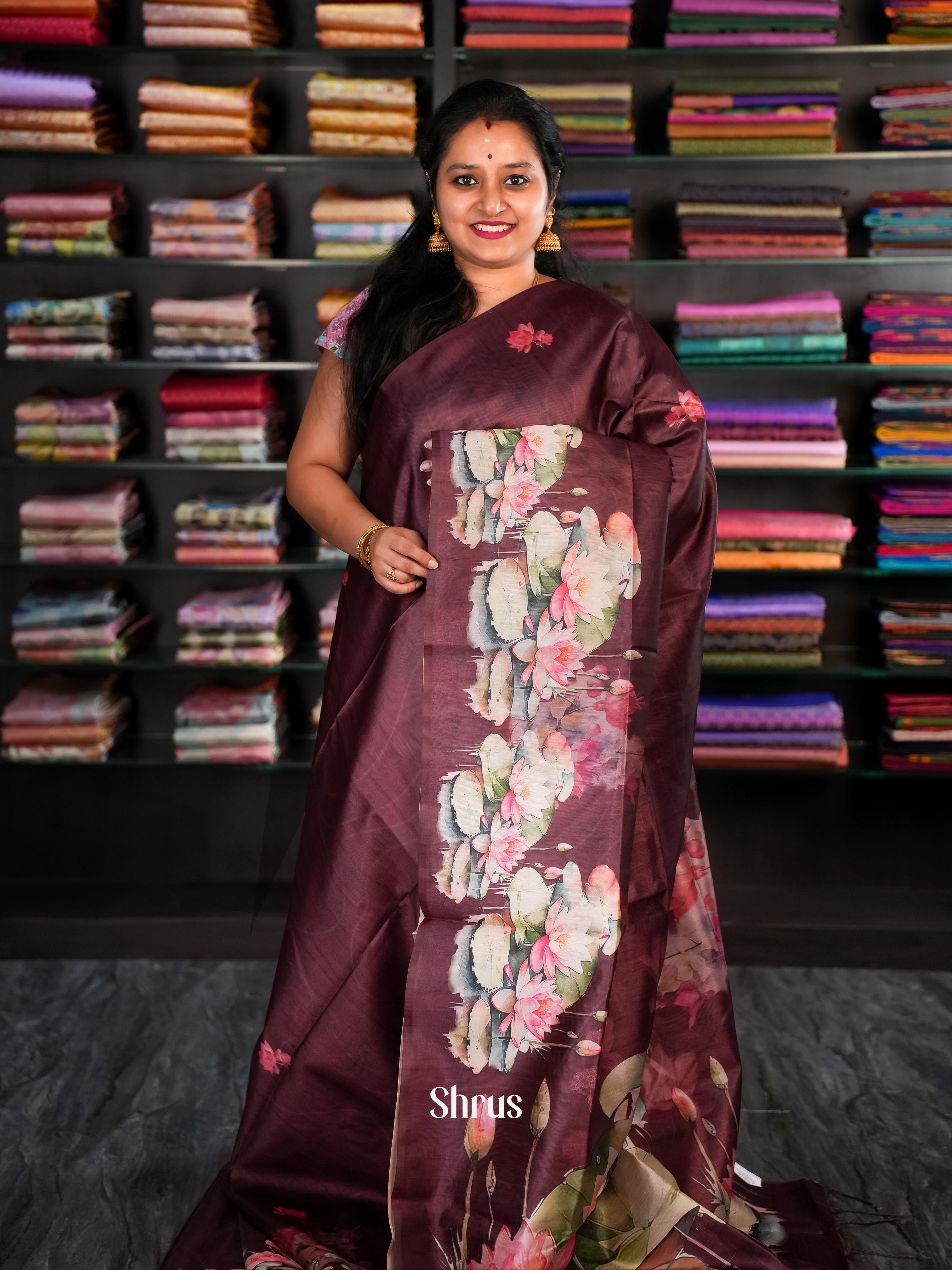 Brown - Champa Semi Tussar Saree - Shop on Shrus.com