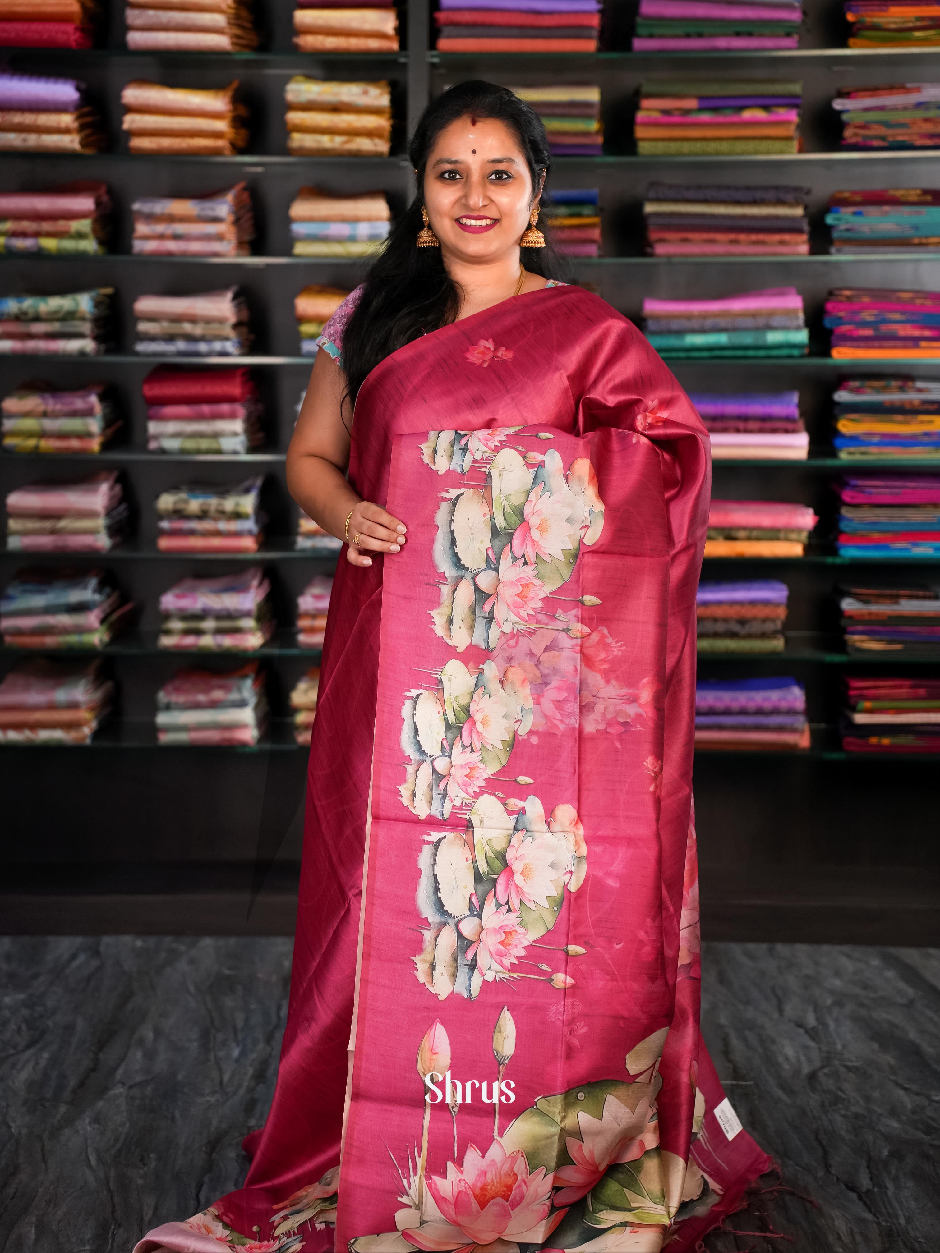 Maroon - Champa Semi Tussar Saree - Shop on Shrus.com