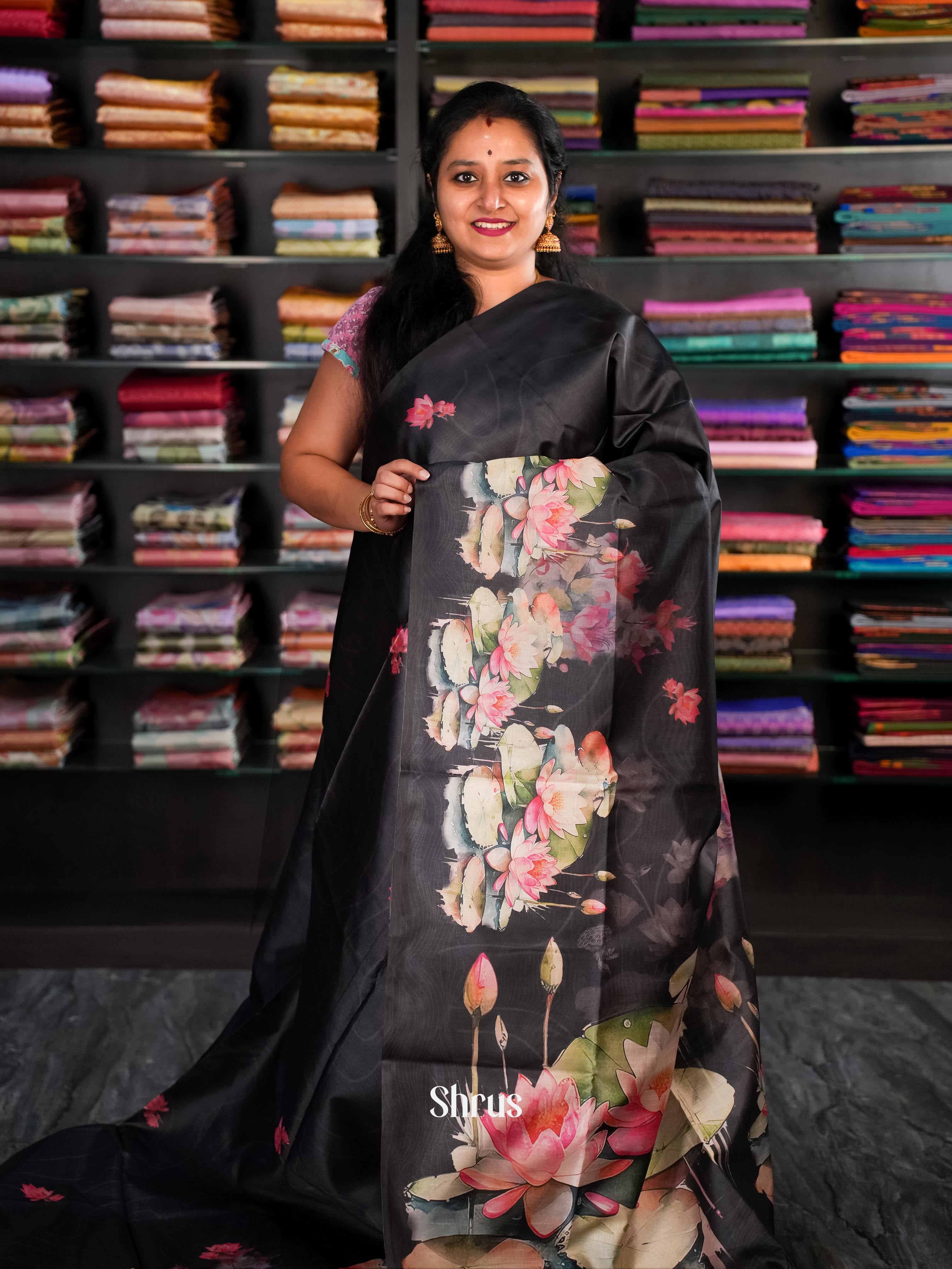 Black - Champa Semi tussar Saree - Shop on Shrus.com