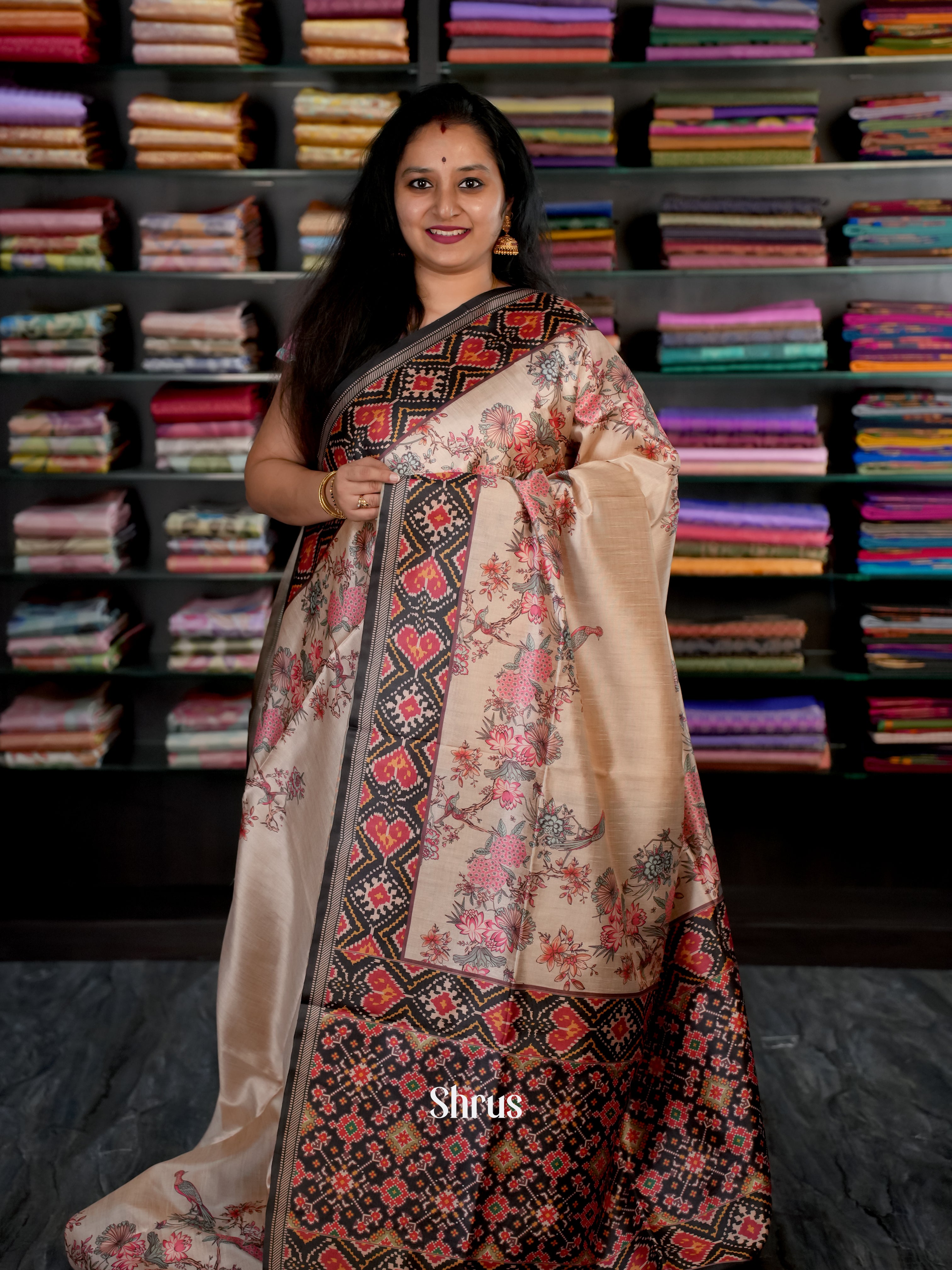 Cream & Black - Champa semi tussar Saree - Shop on Shrus.com