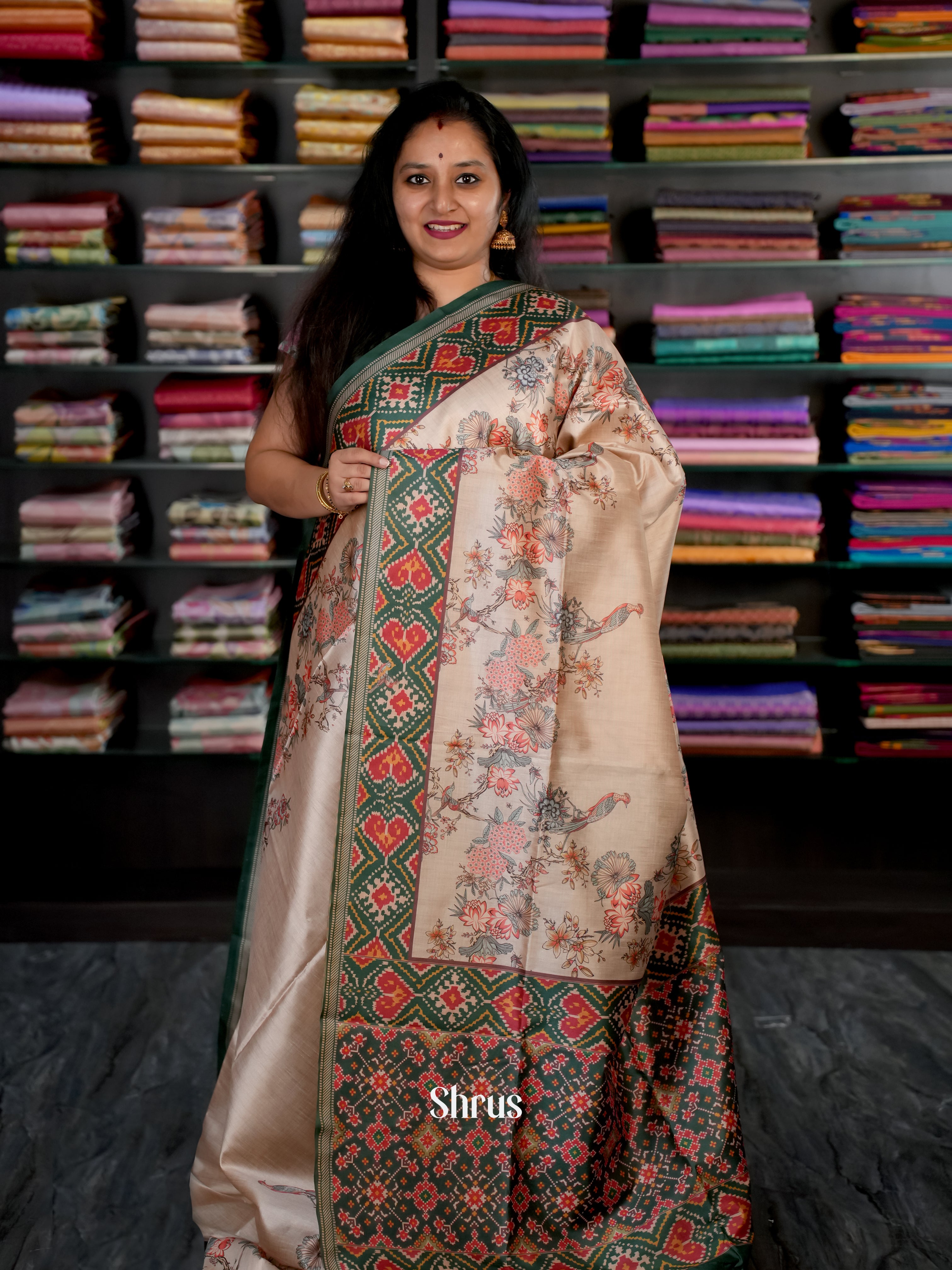 Cream & Green - Champa semi tussar Saree - Shop on Shrus.com