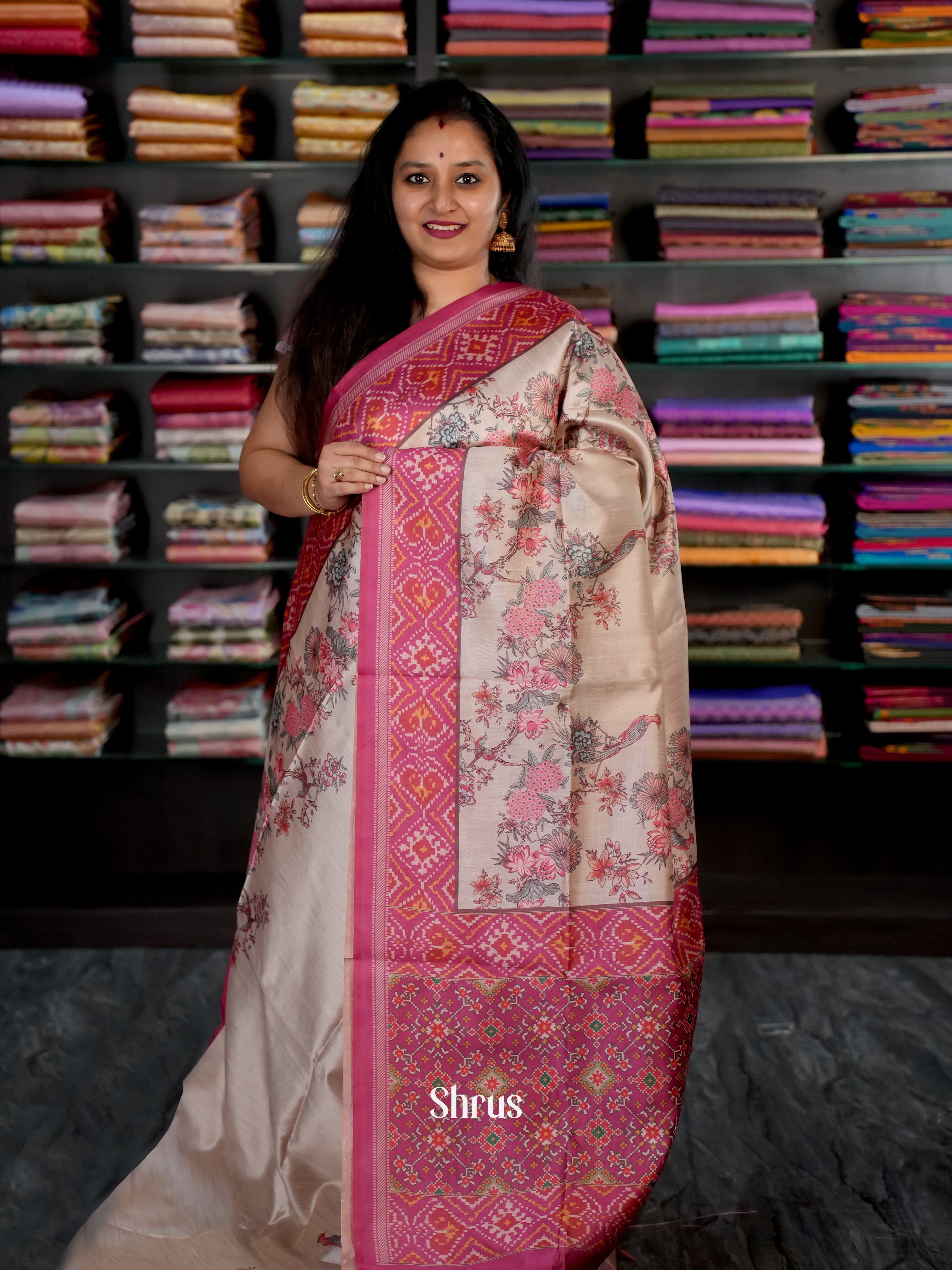 Cream & Maroon - Champa semi tussar Saree - Shop on Shrus.com