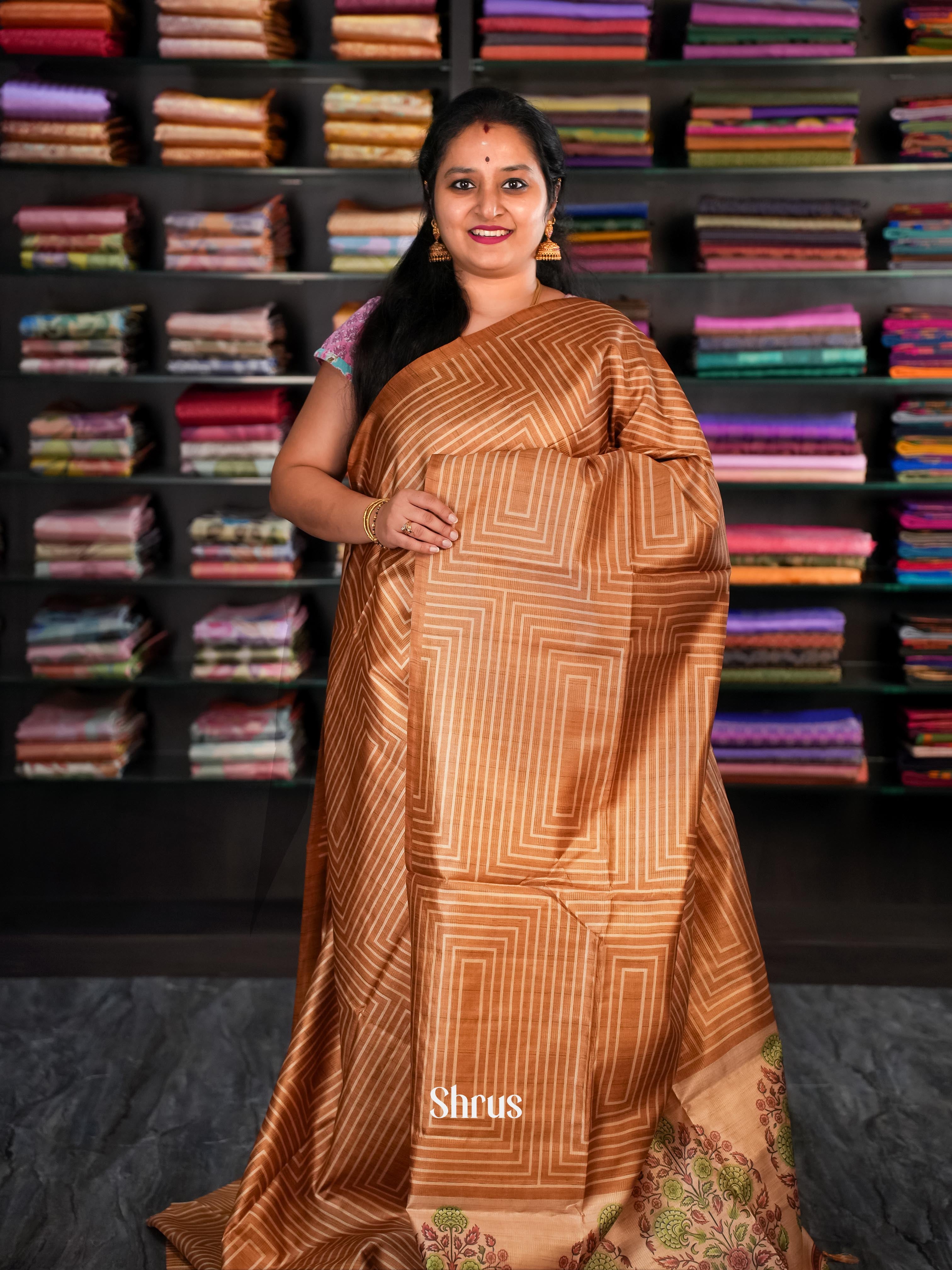 Brown & Cream- Champa Semi tussar Saree - Shop on Shrus.com