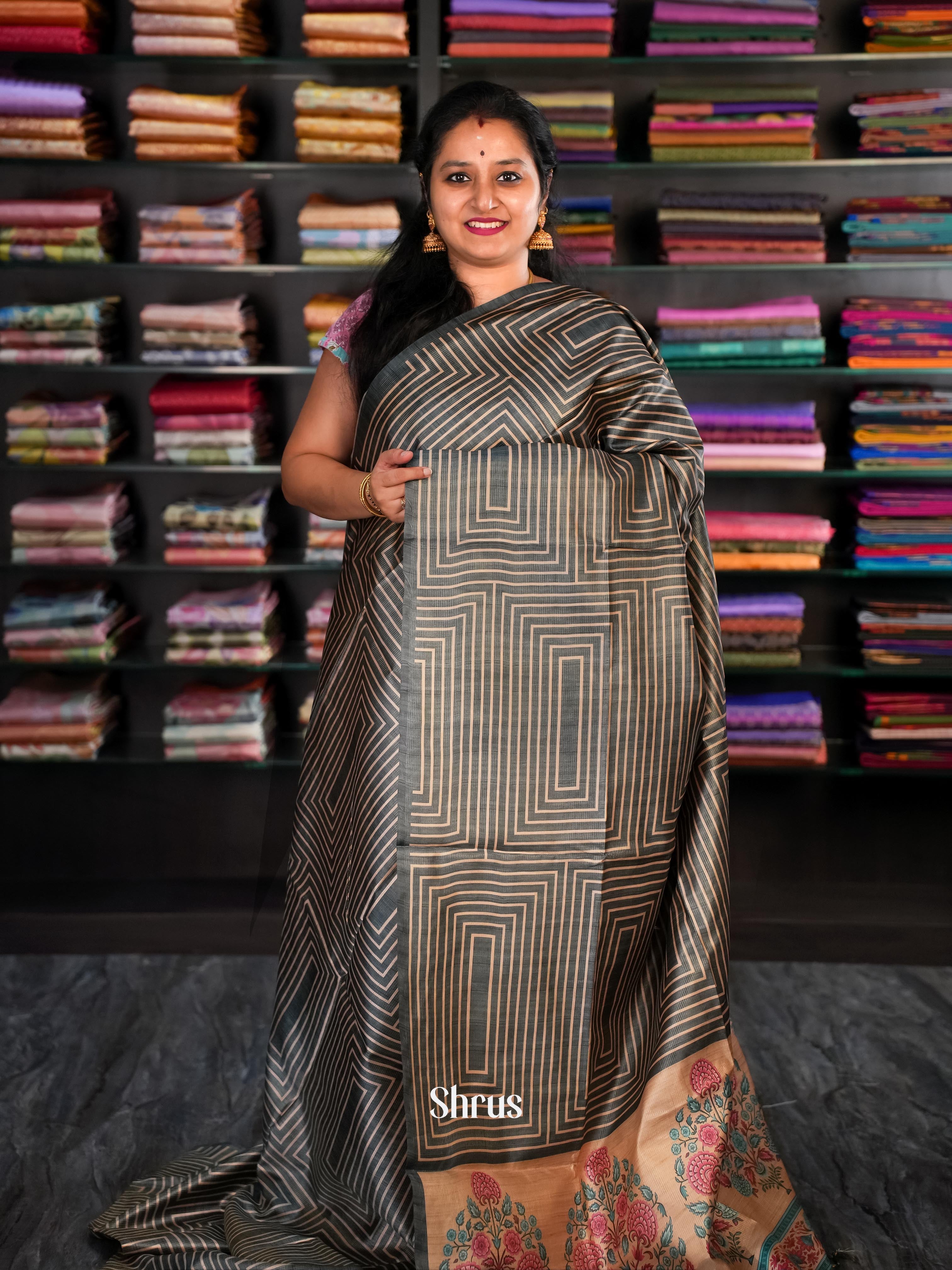 Dark Green & Brown - Champa Semi tussar Saree - Shop on Shrus.com