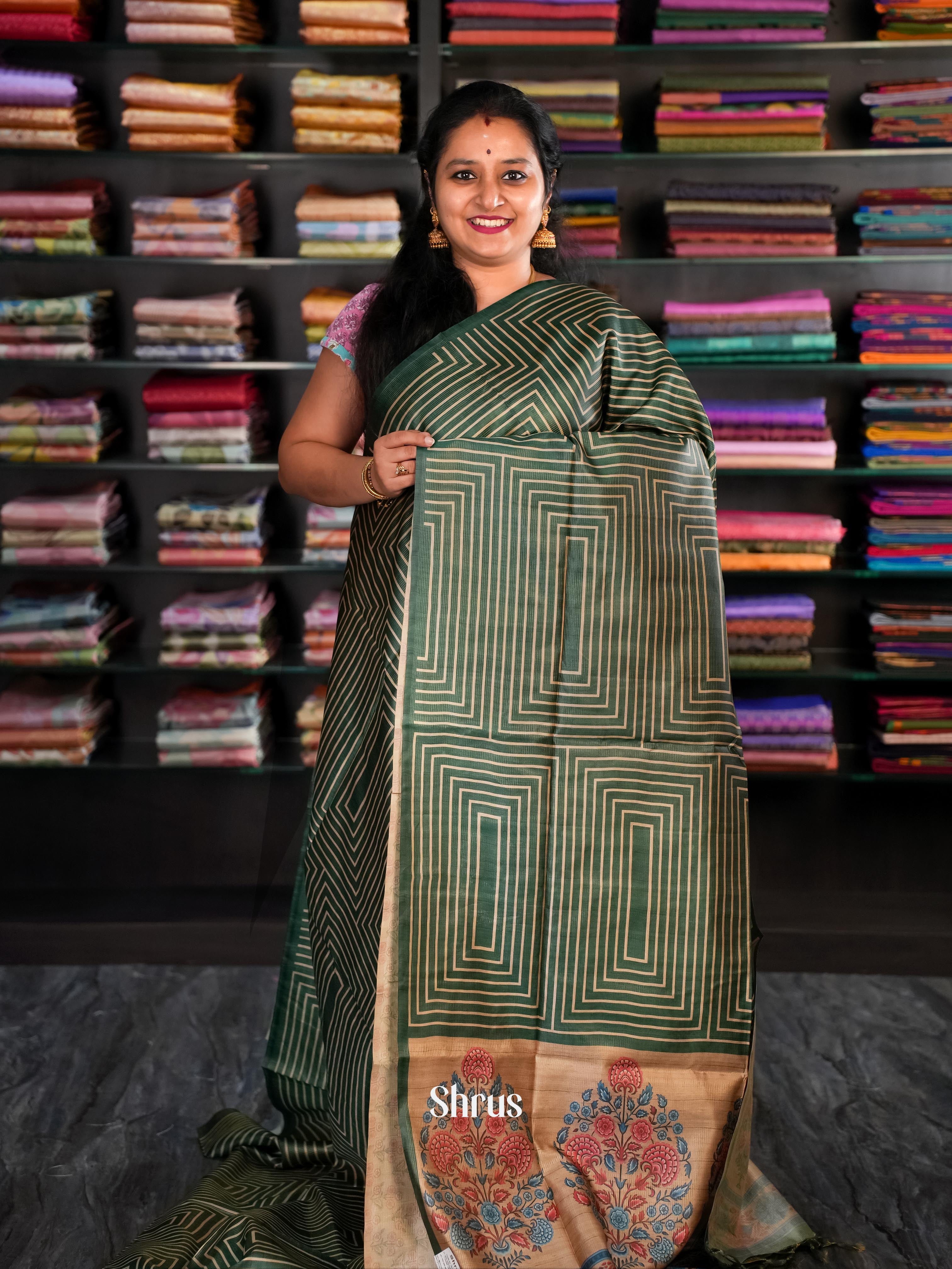 Green & Brown - Champa Semi tussar Saree - Shop on Shrus.com