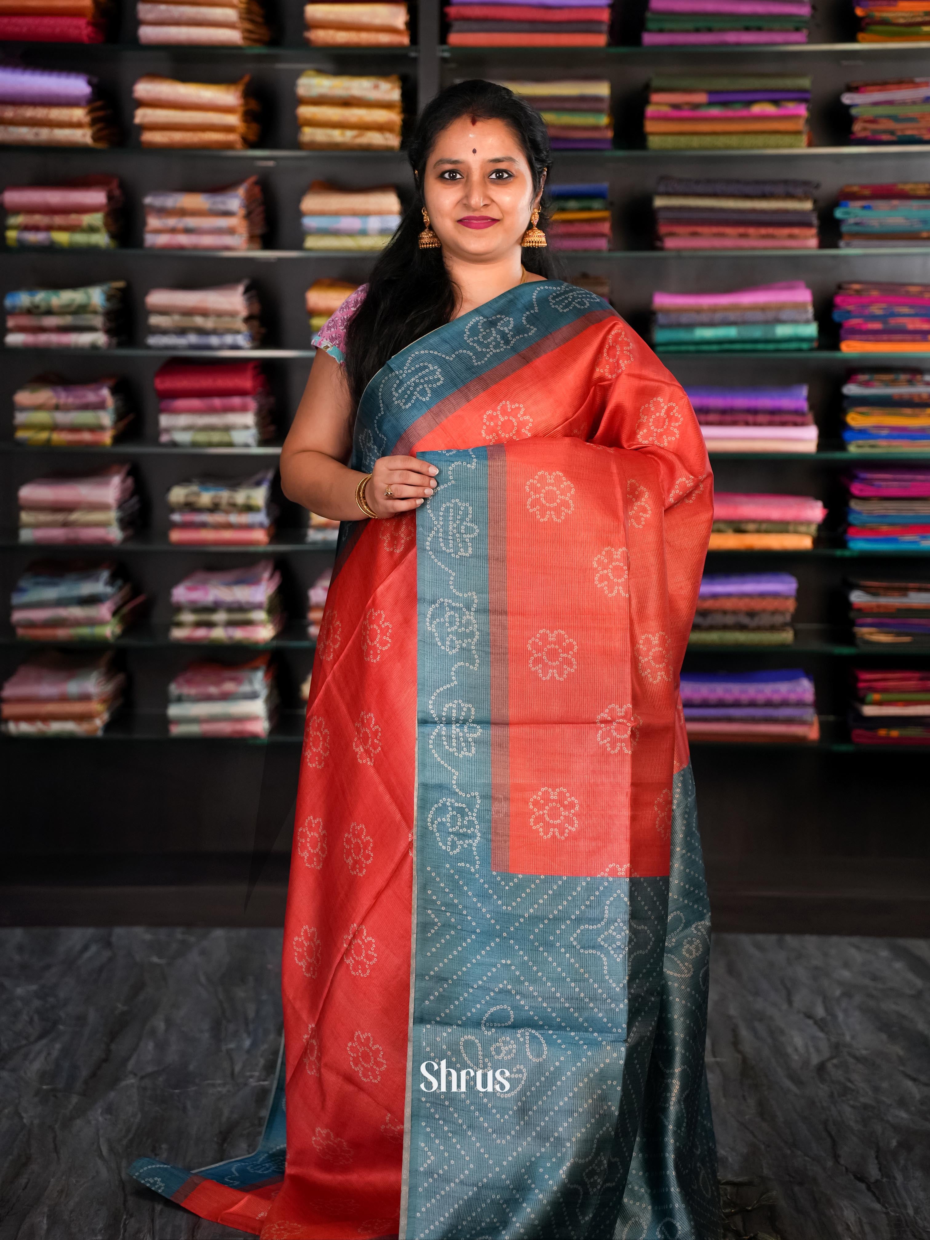 Red & Blue - Champa Semi tussar Saree - Shop on Shrus.com