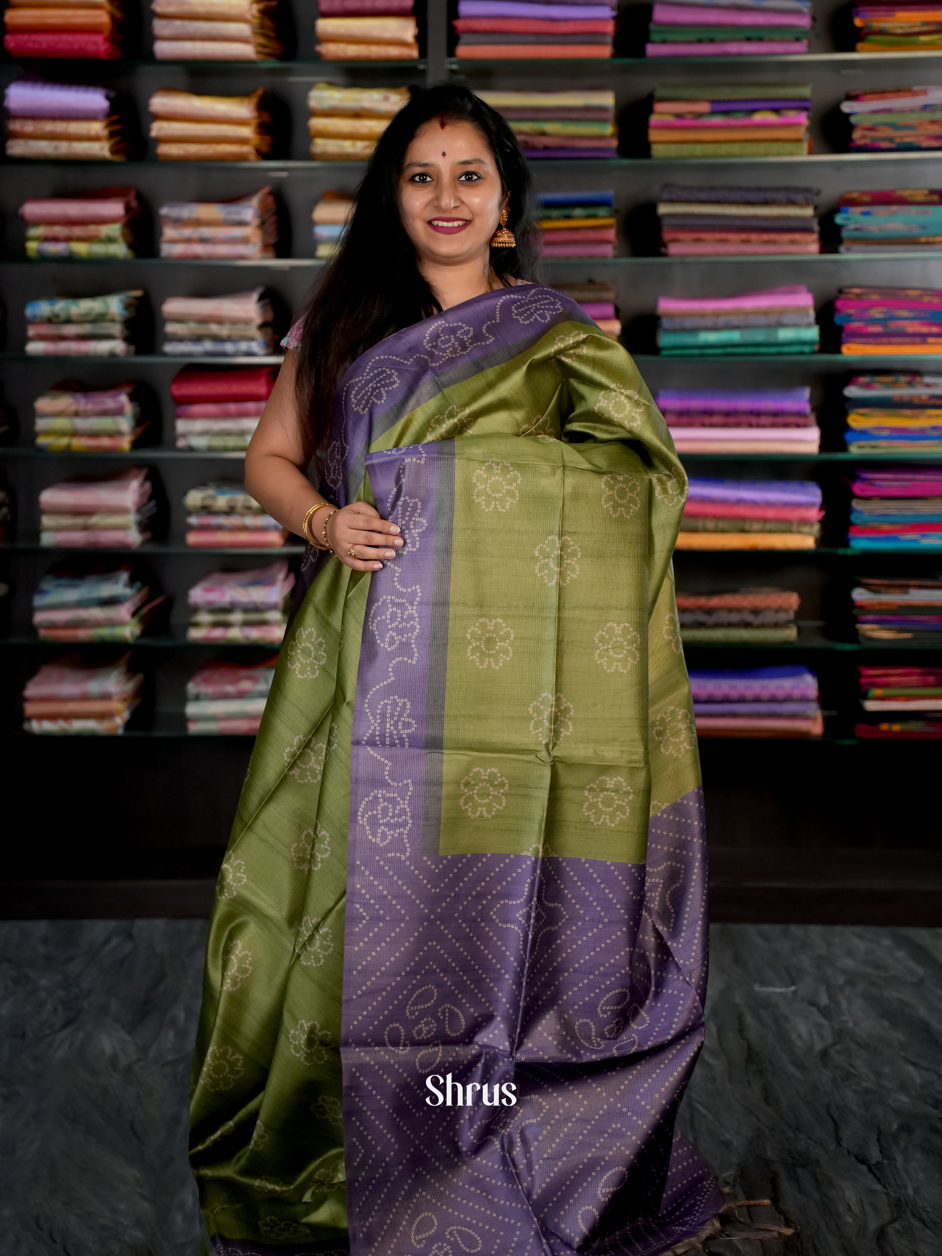 Green& Purple - Champa semi tussar Saree - Shop on Shrus.com