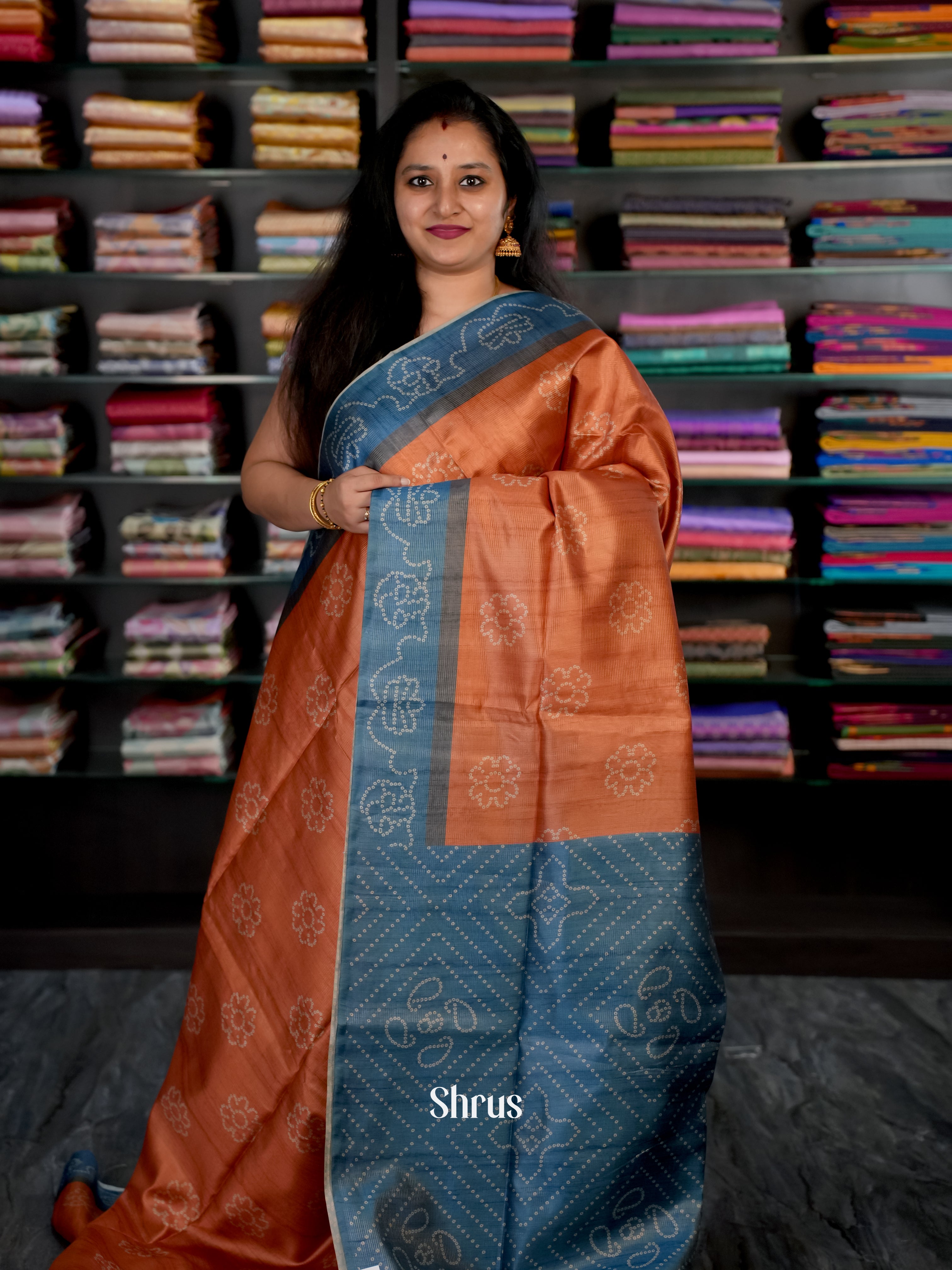 Brown & Blue - Champa semi tussar - Shop on Shrus.com