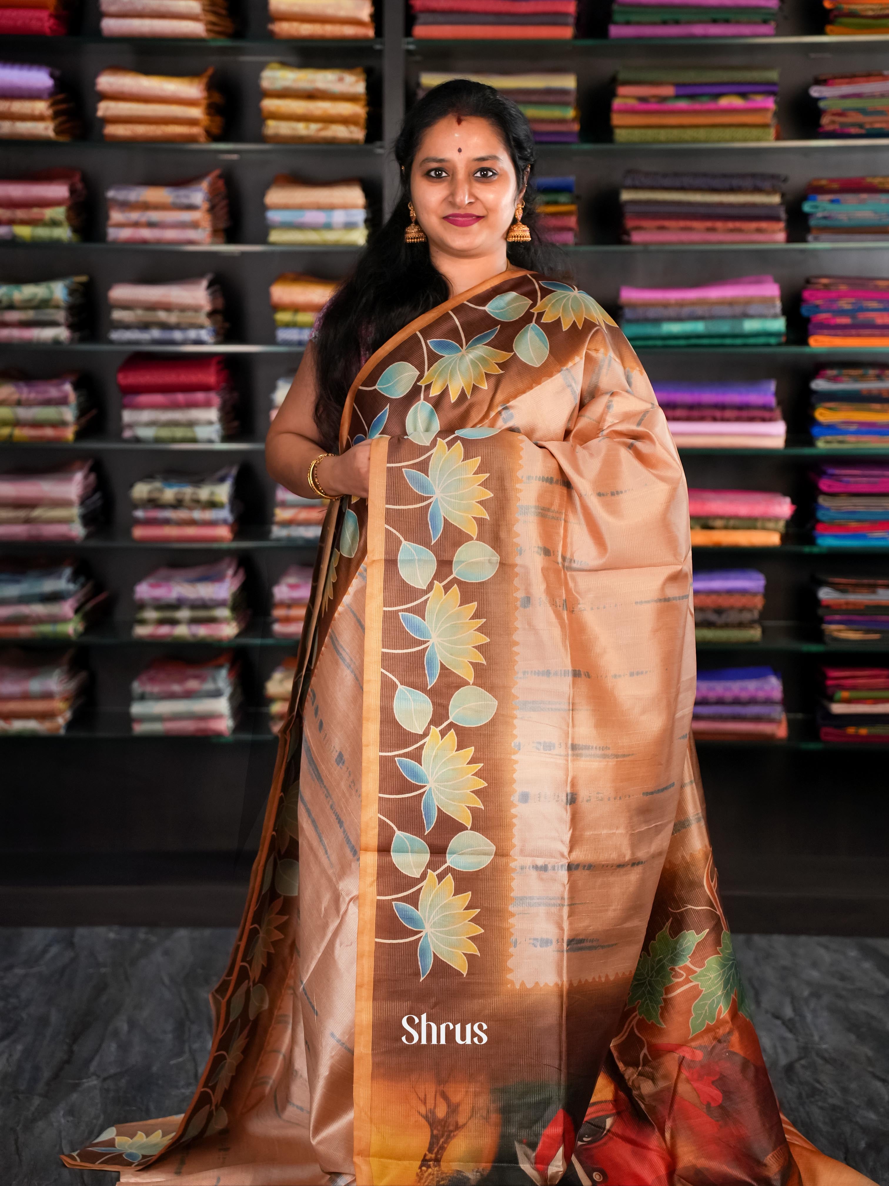 Lite Brown & Brown - Champa Semi tussar Saree - Shop on Shrus.com