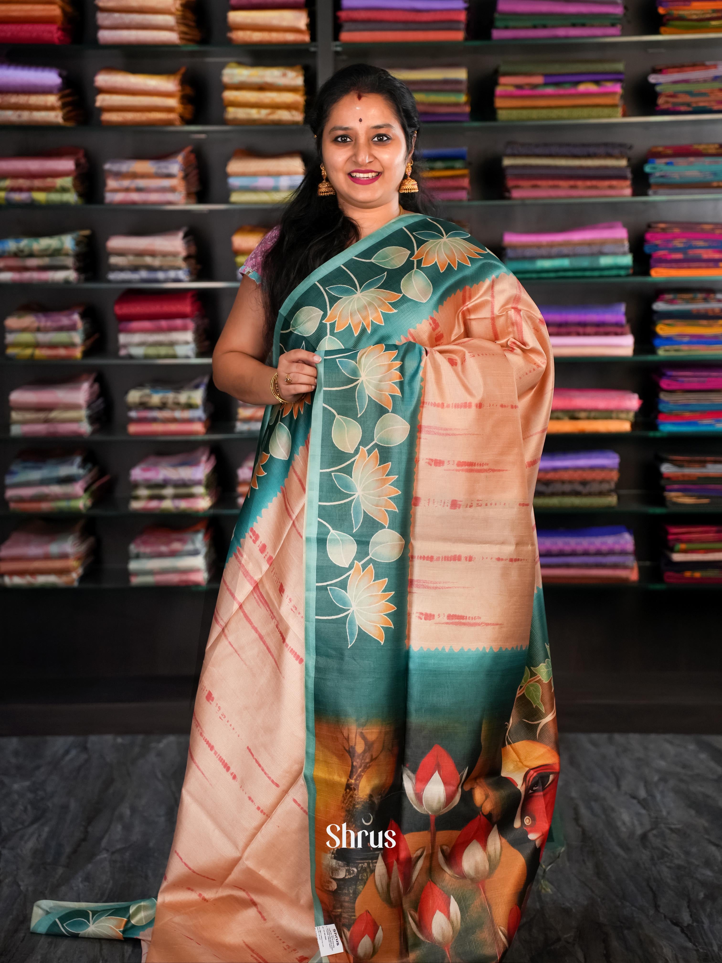 Peach & Green - Champa Semi tussar Saree - Shop on Shrus.com