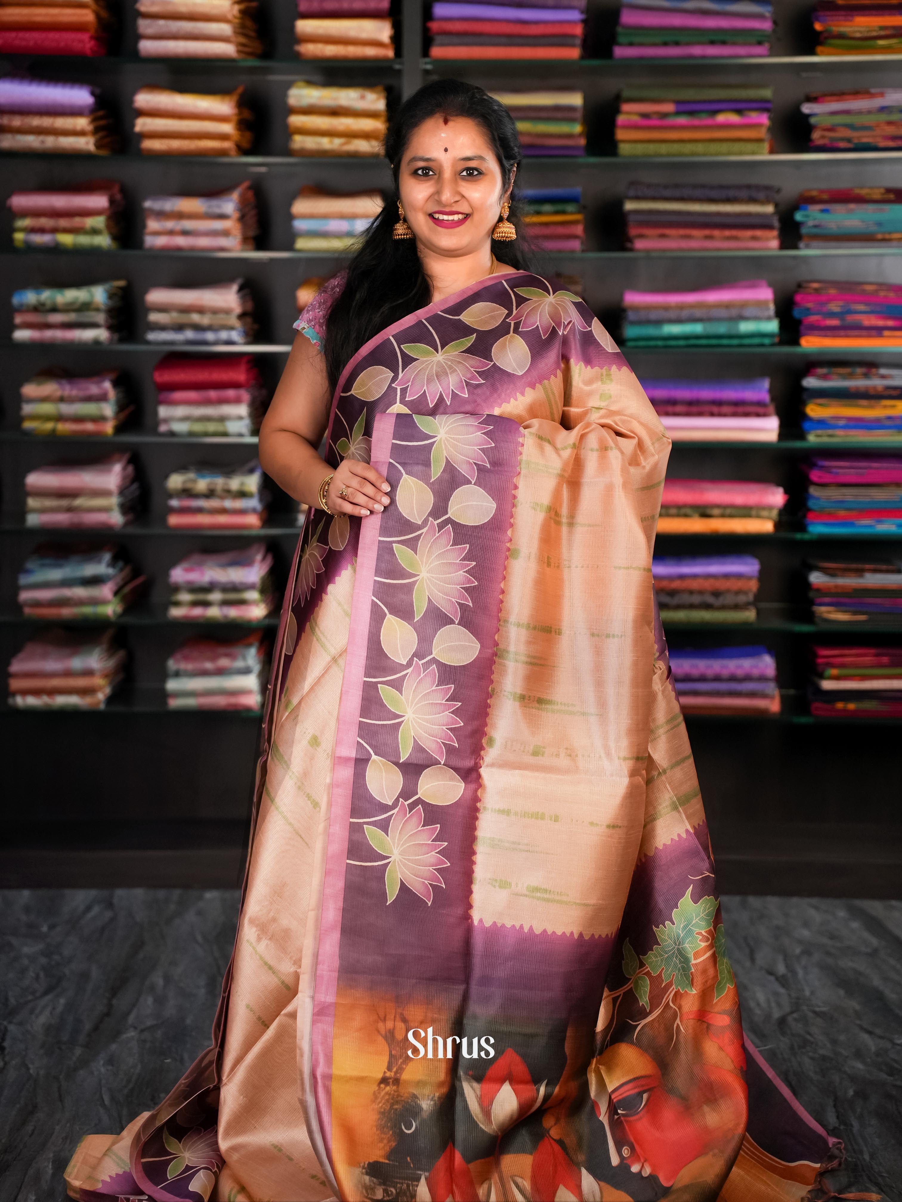 Dusty Brown & Purple - Champa Semi tussar Saree - Shop on Shrus.com
