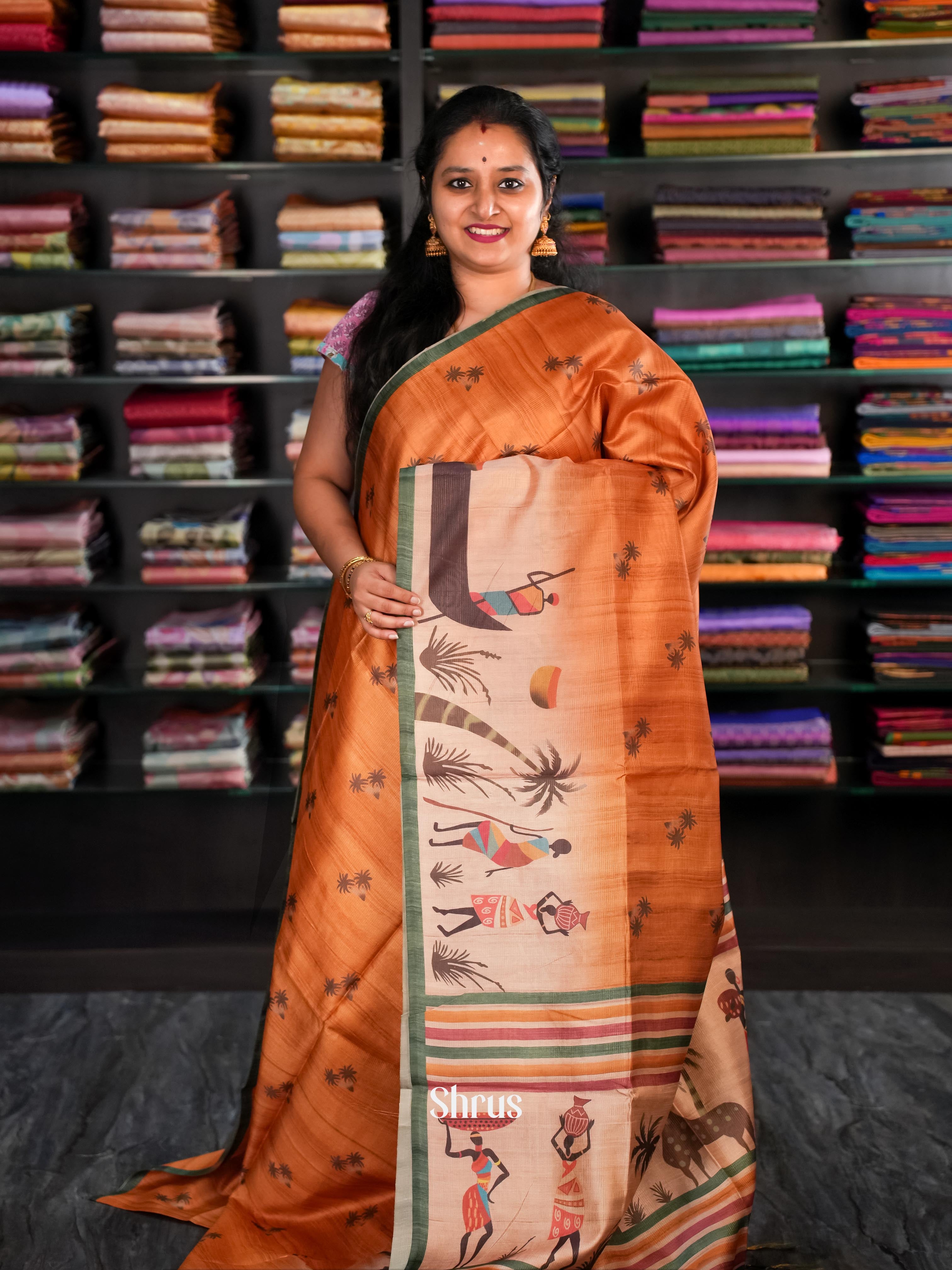 Brick & Green - Champa Semi tussar Saree - Shop on Shrus.com