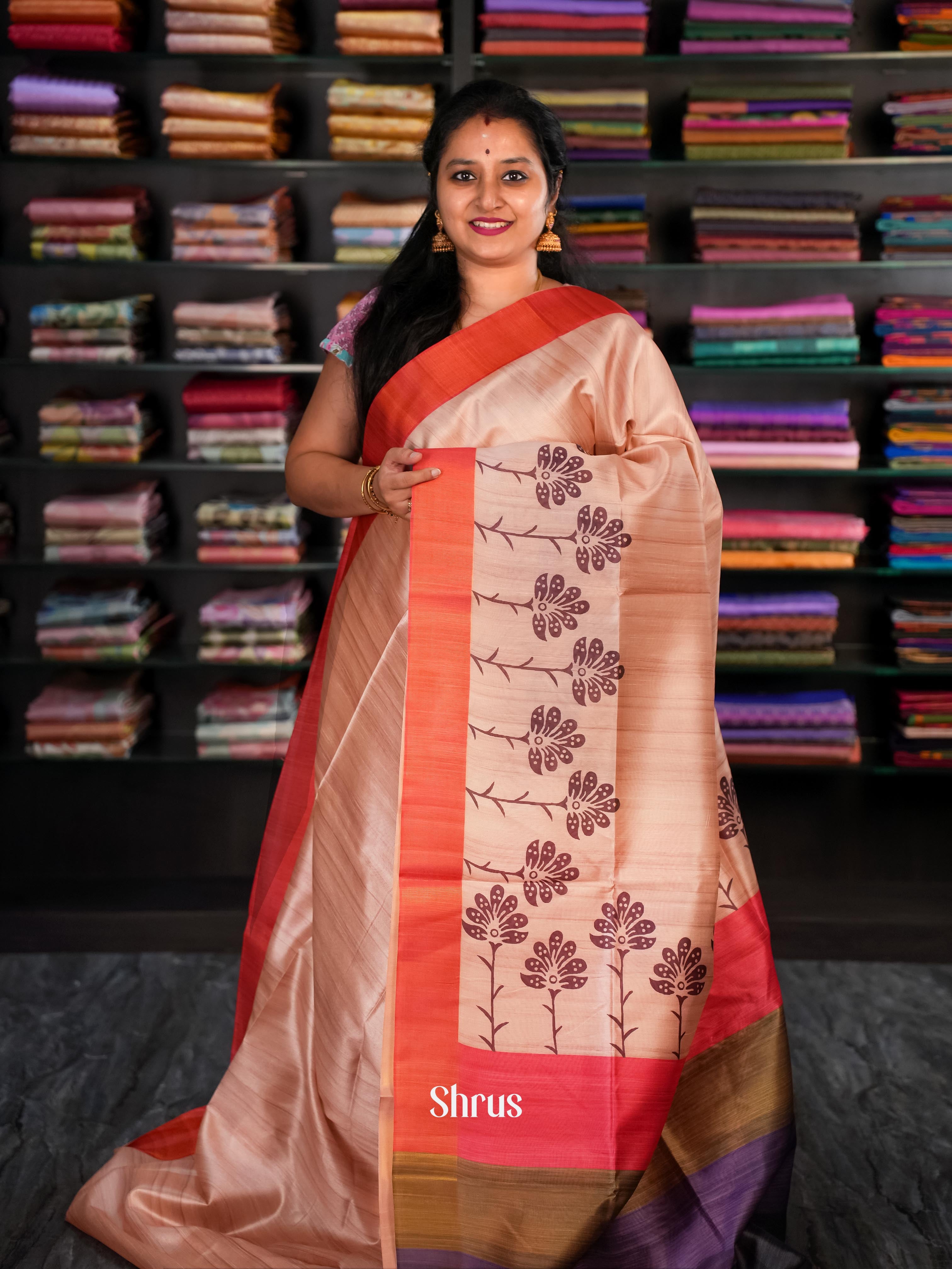 Lite Brown & Red - Champa Semi tussar Saree - Shop on Shrus.com