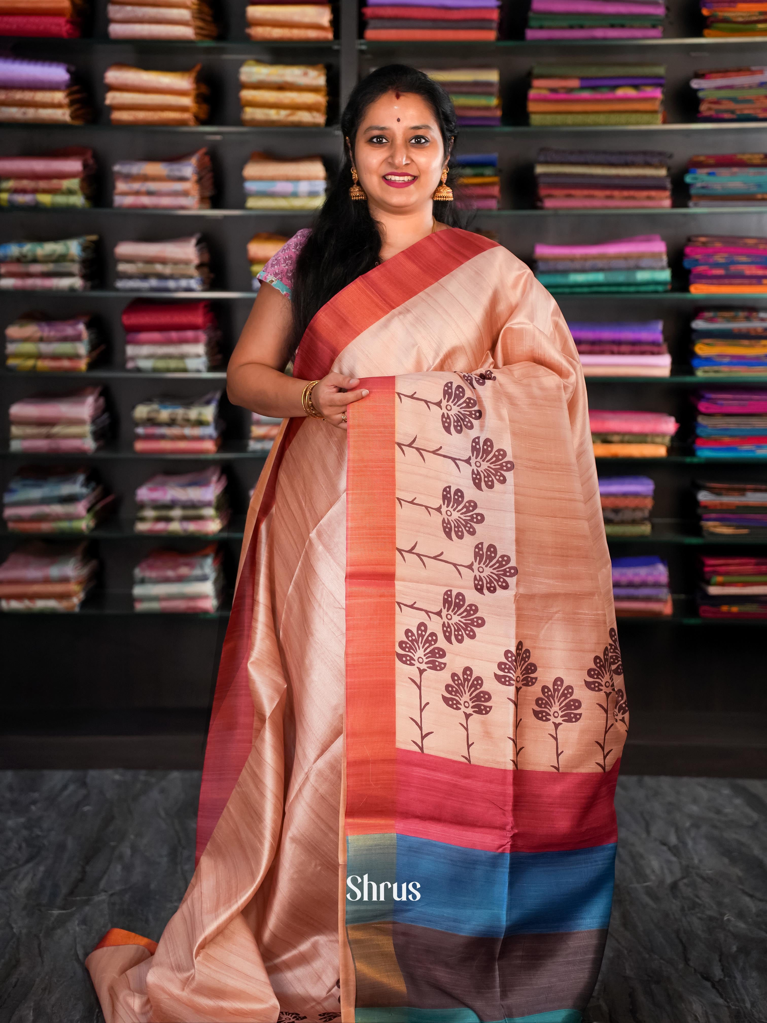 Peach & Red - Champa Semi tussar Saree - Shop on Shrus.com
