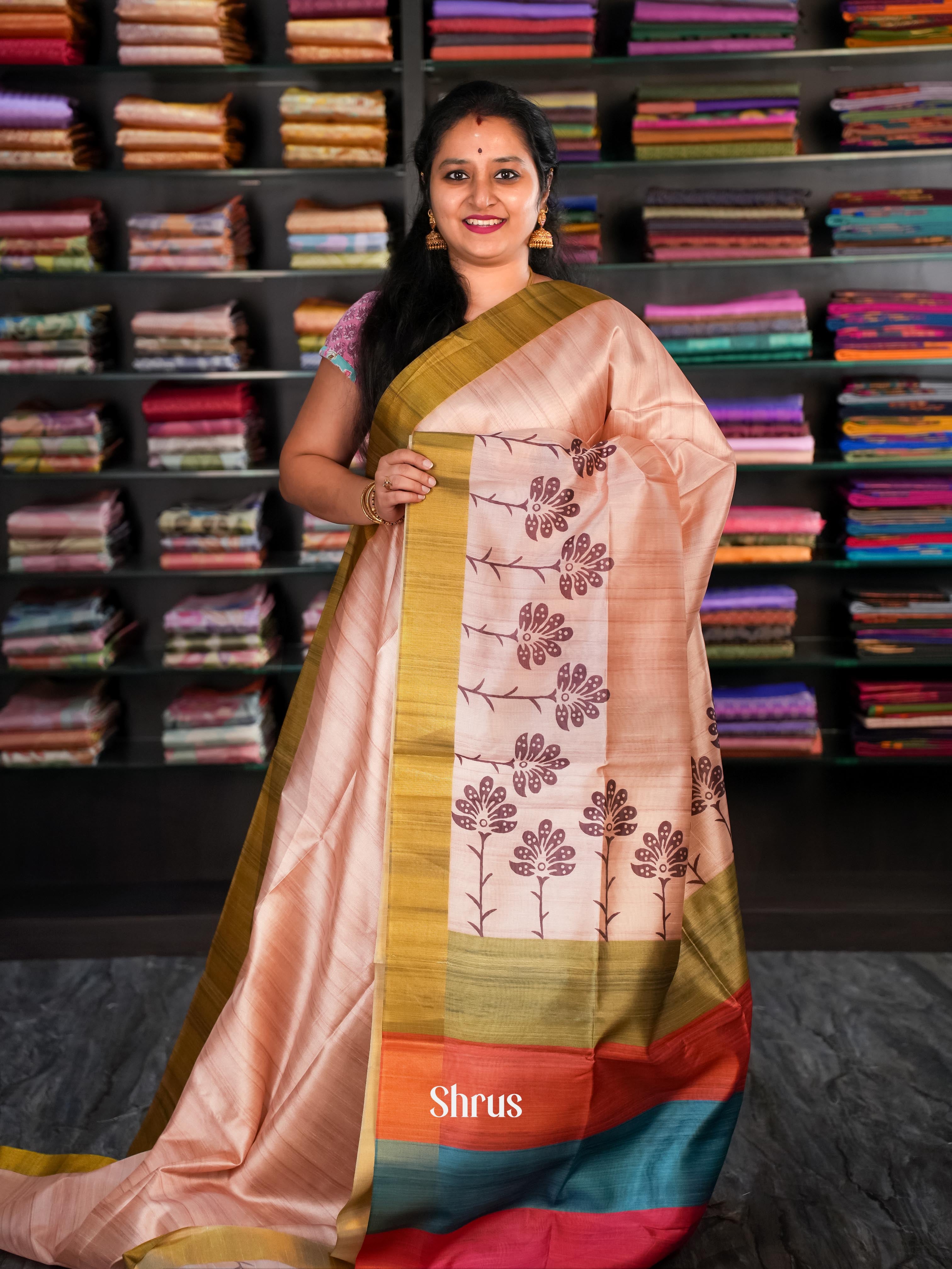 Peach & Green - Champa Semi tussar Saree - Shop on Shrus.com