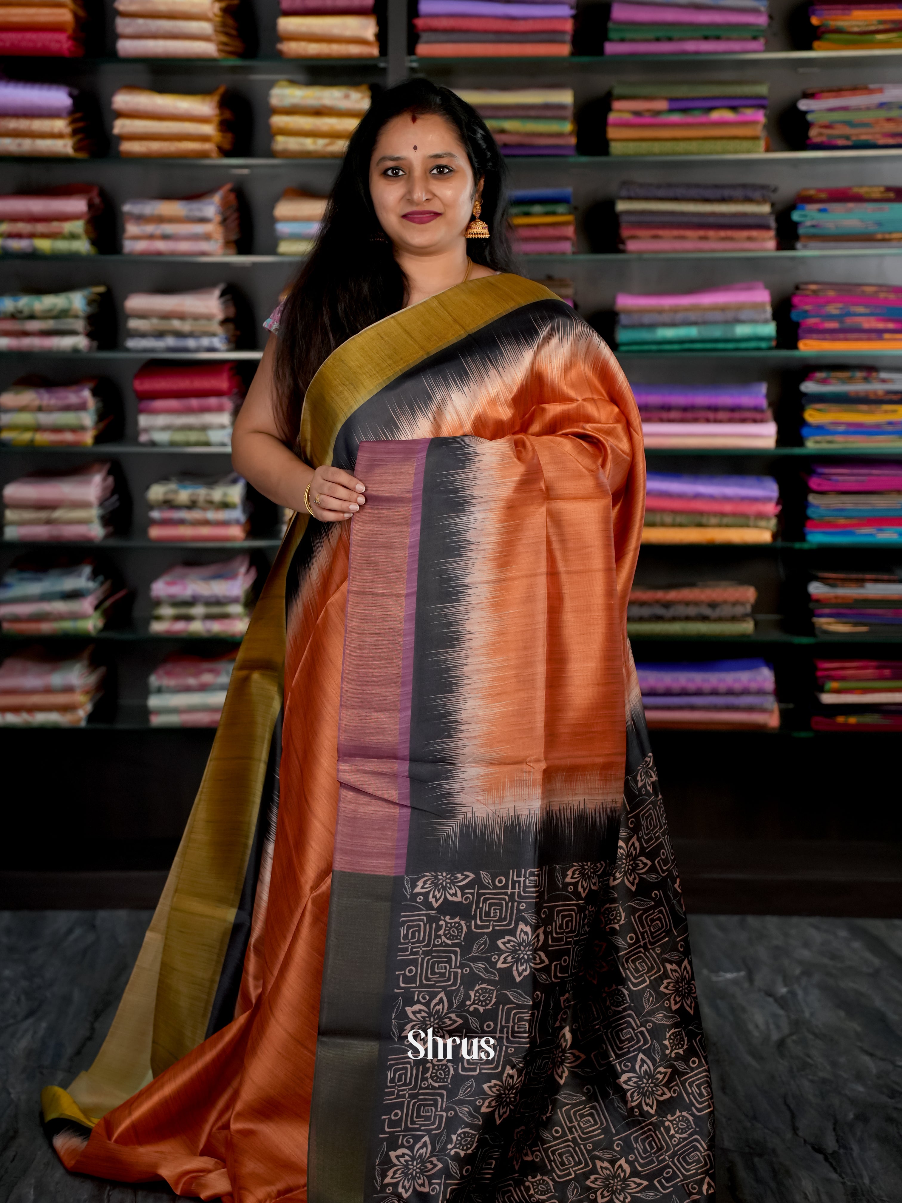 Orange & Black - Champa Semi tussar - Shop on Shrus.com