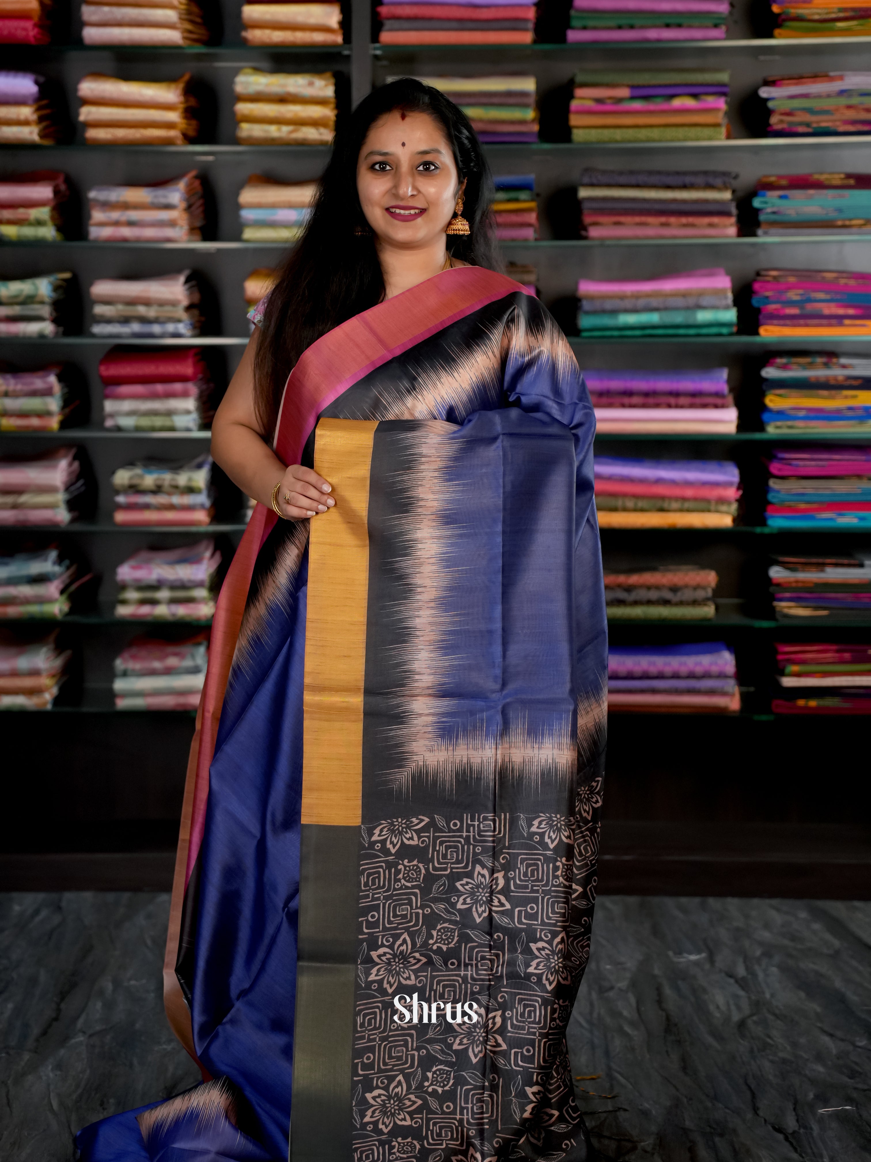 Blue & Black -Champa Semi tussar - Shop on Shrus.com