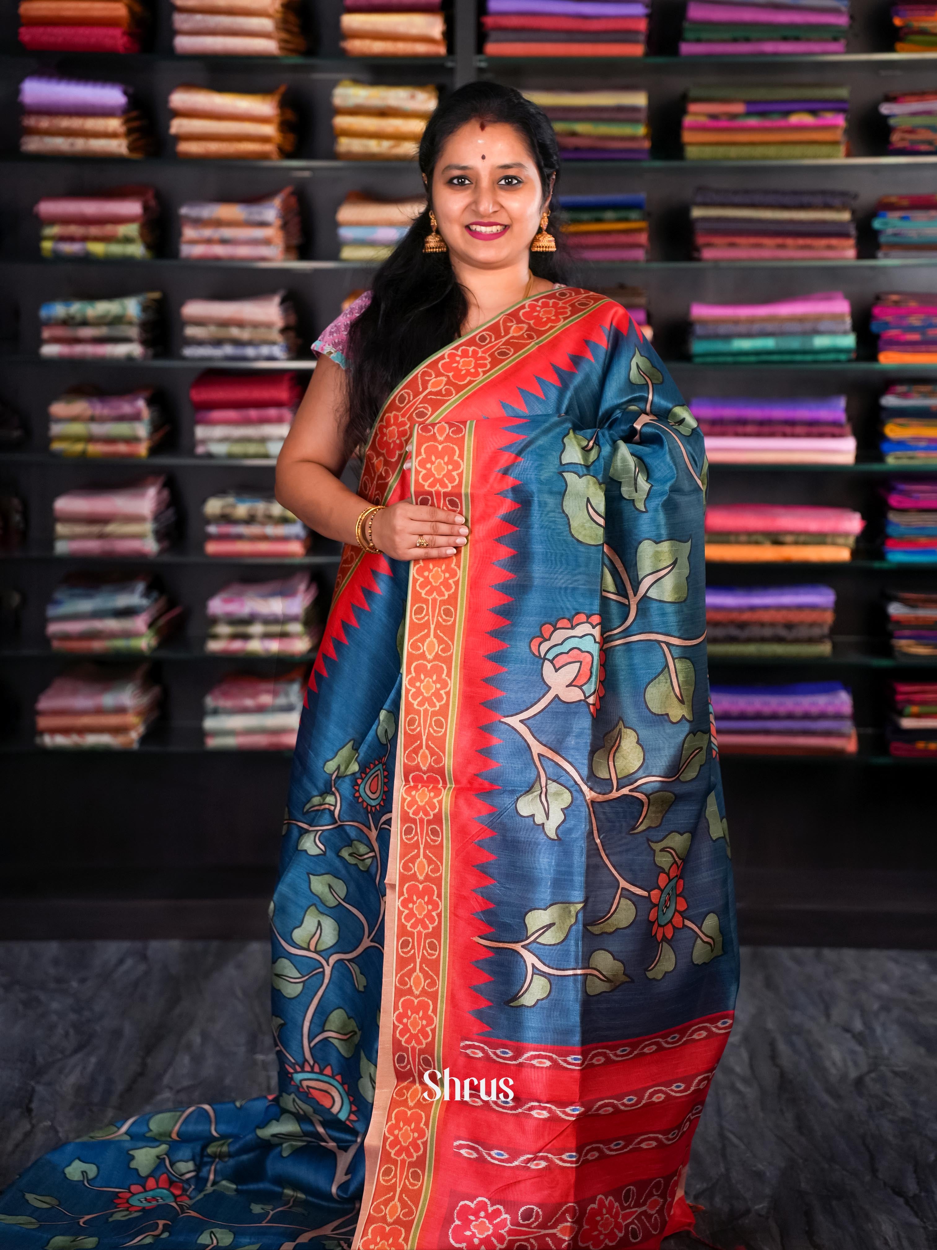 Blue & Red - Champa semi tussar - Shop on Shrus.com