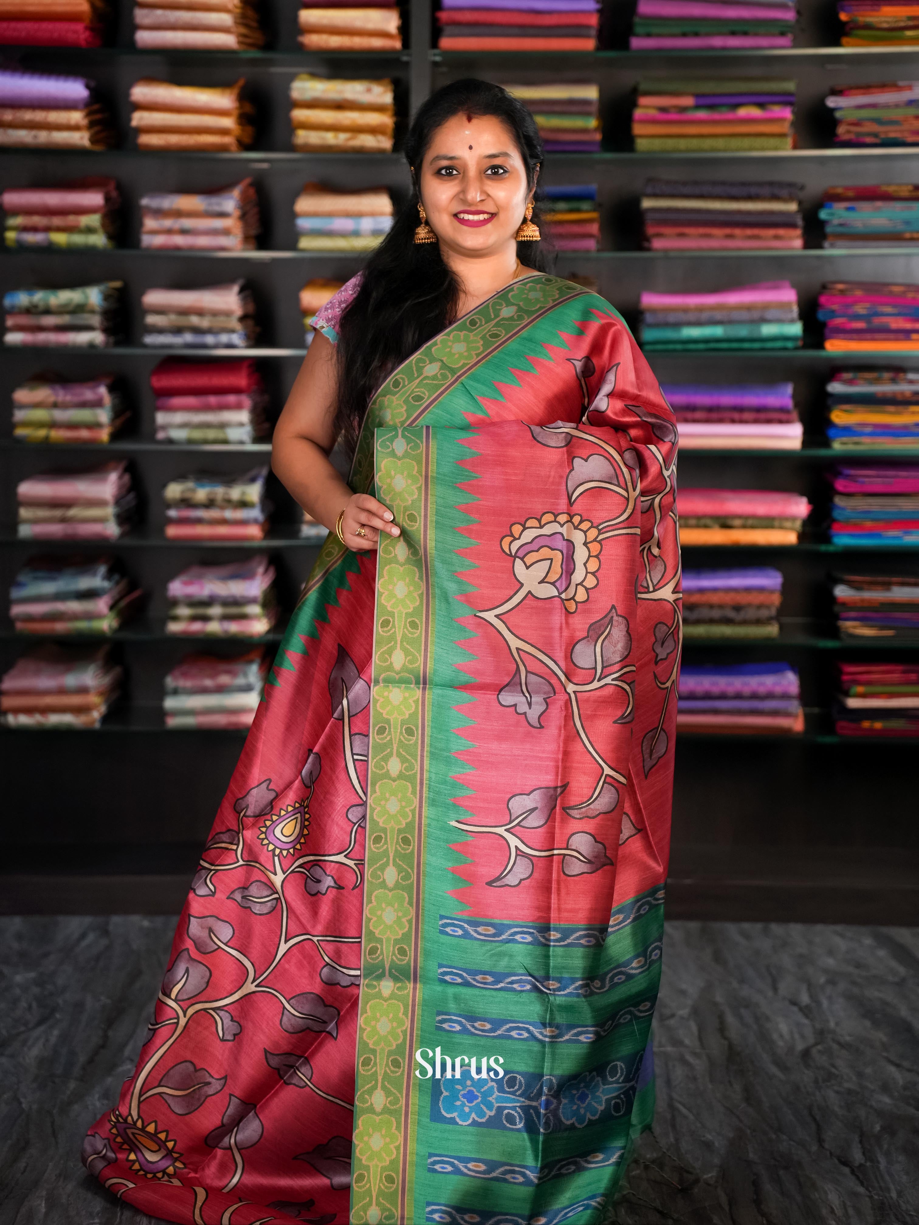 Red & Green - Champa Semi tussar Saree - Shop on Shrus.com
