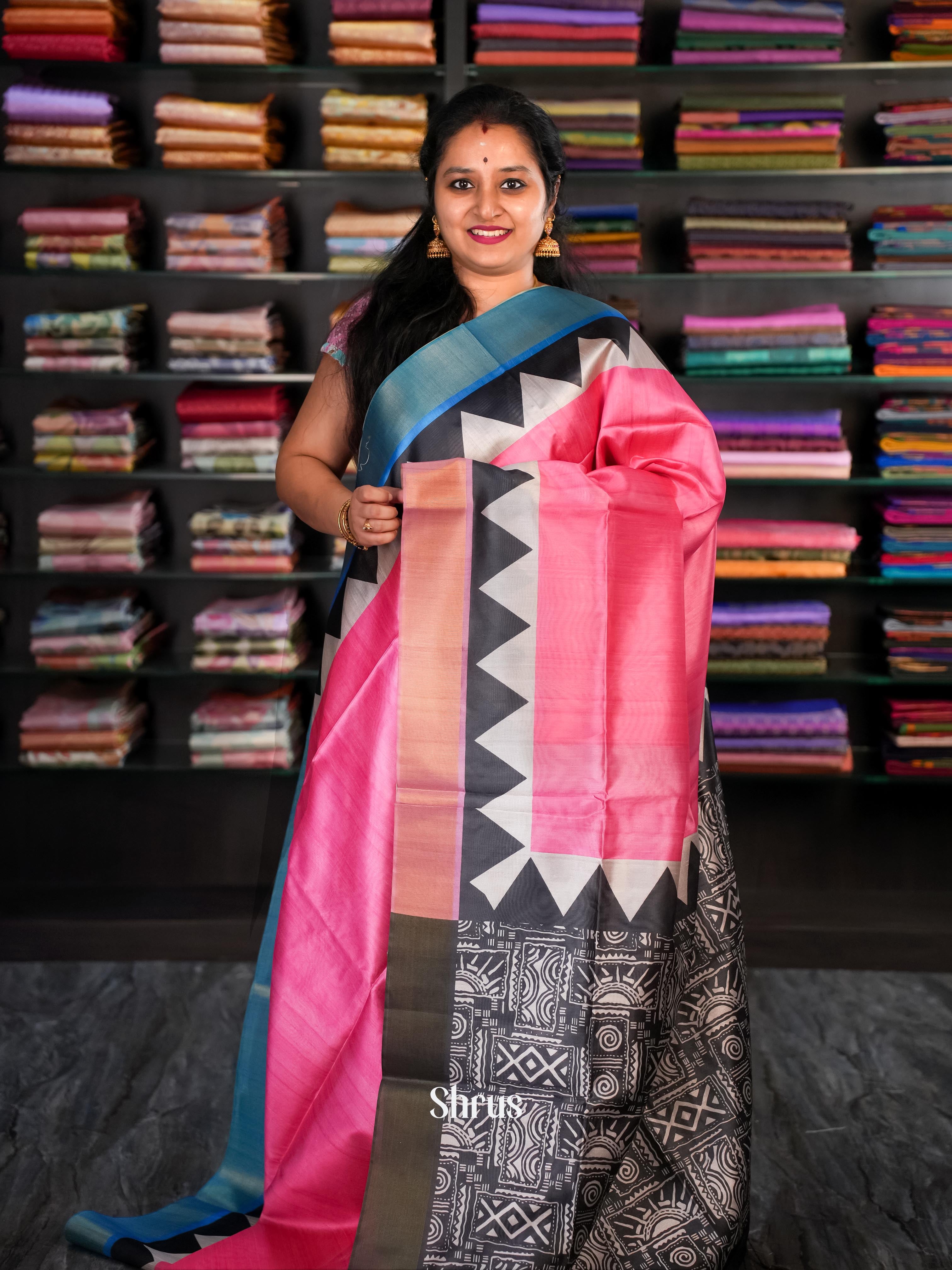 Pink & Black - Champa Semi tussar Saree - Shop on Shrus.com