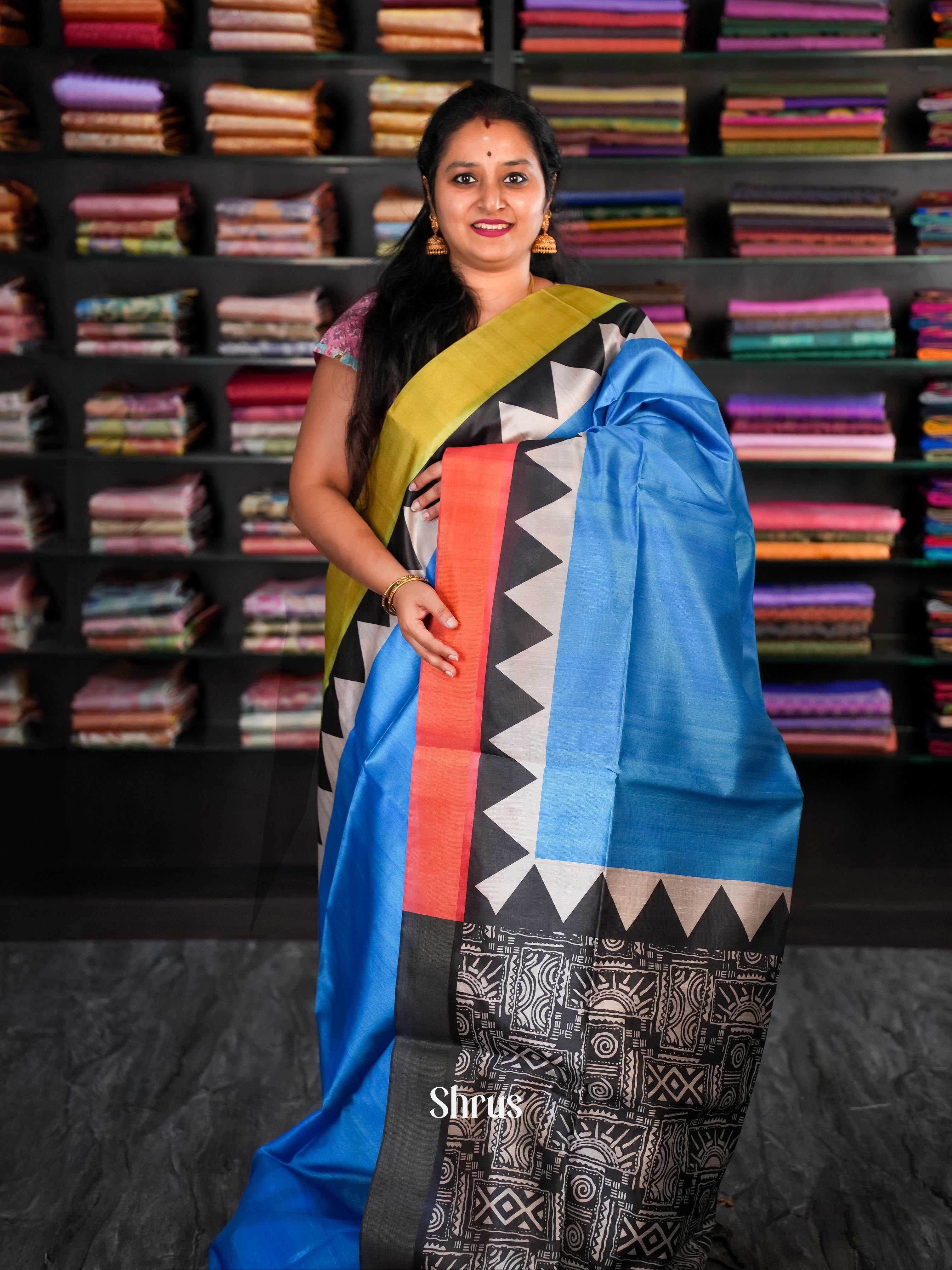 Blue & Black - Champa Semi tussar Saree - Shop on Shrus.com